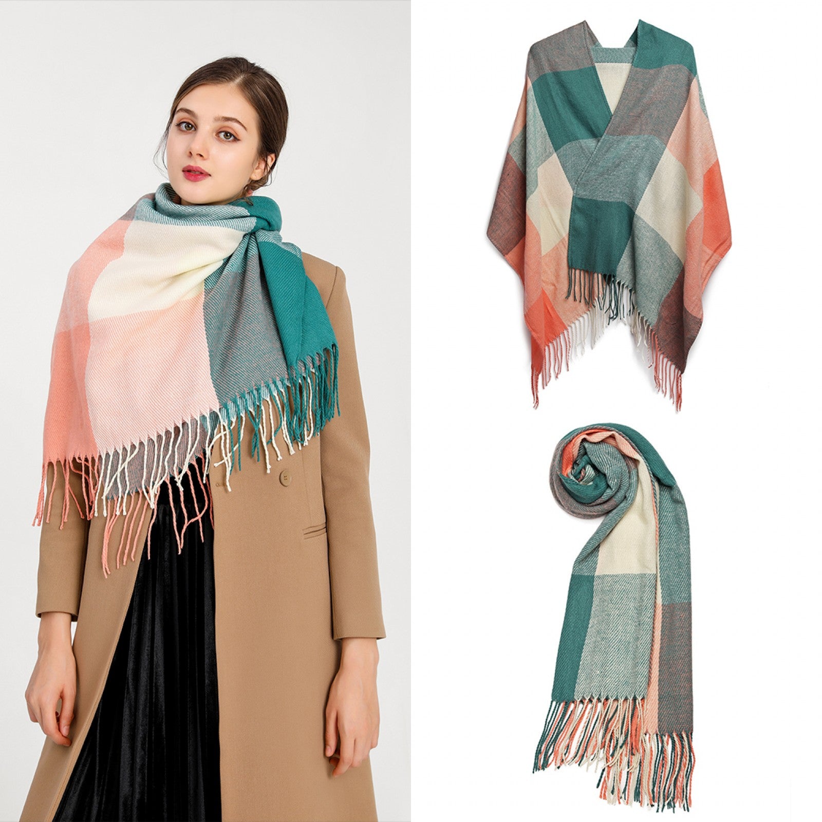 Women Fashion Long Shawl Grid Tassel Winter Warm Lattice Large Scarf - Green