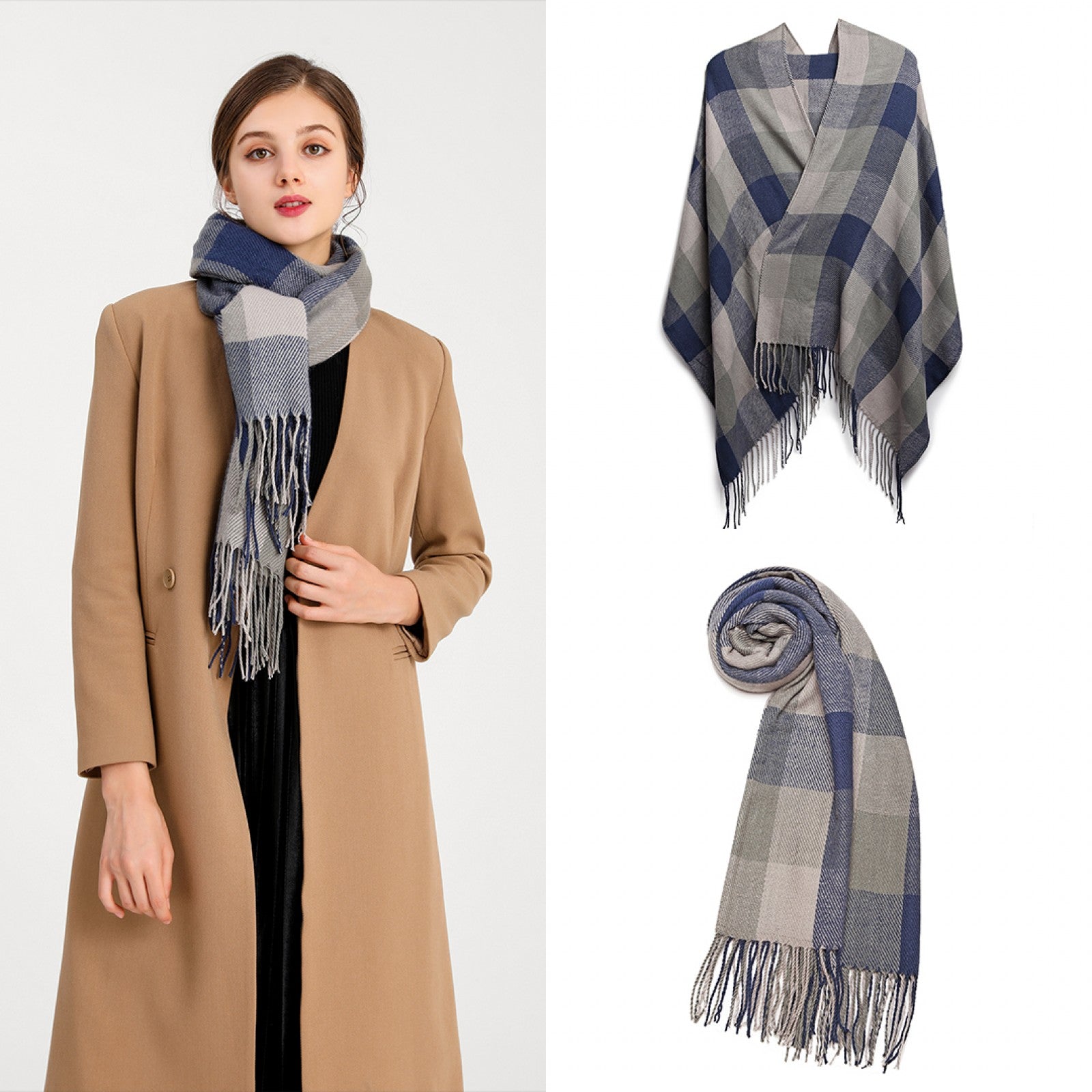 Women Fashion Long Shawl Grid Tassel Winter Warm Lattice Large Scarf - Grey