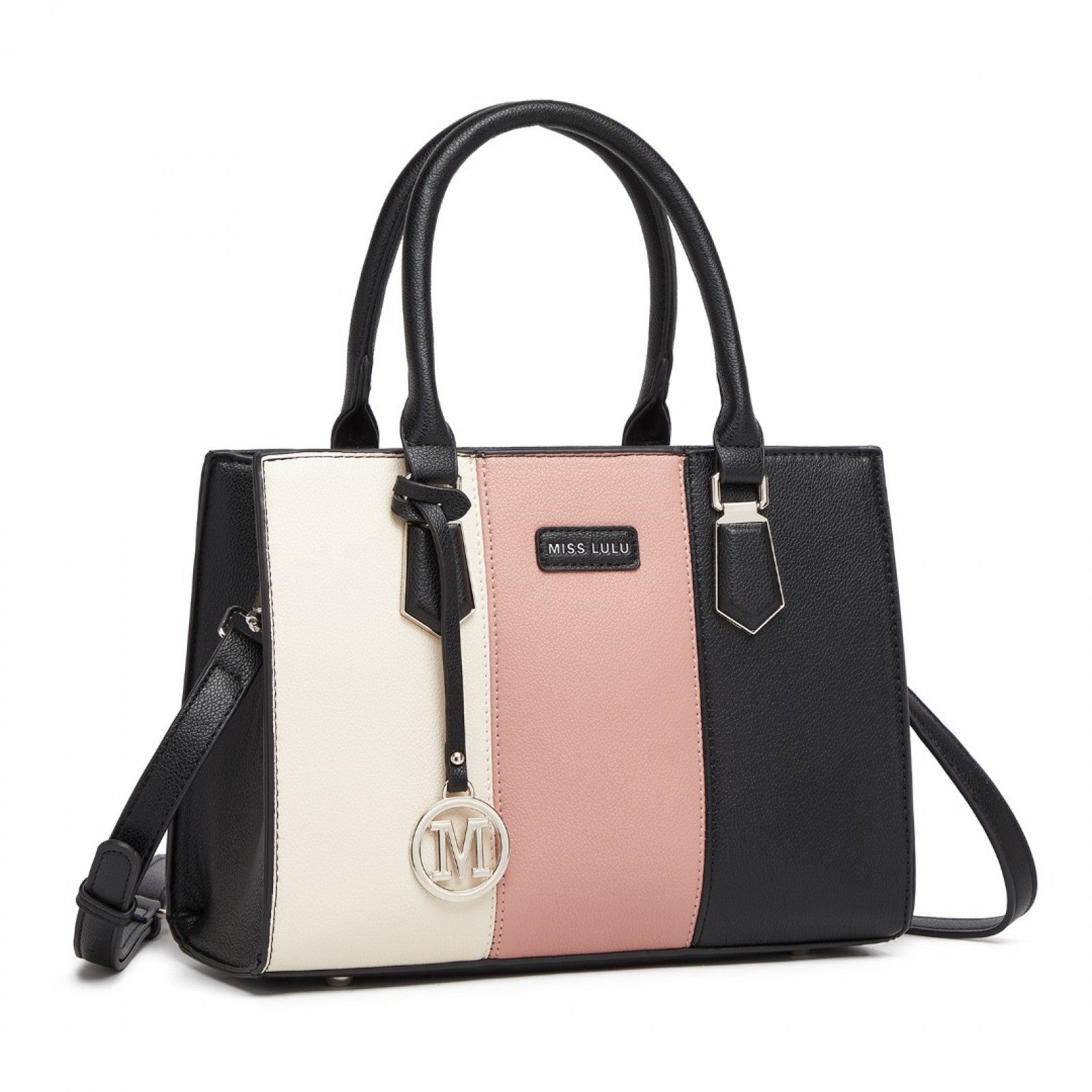 MISS LULU PU Leather Three-Tone Stitched Shoulder Handbag - Stylish Daily Bag with Adjustable Strap - Pink
