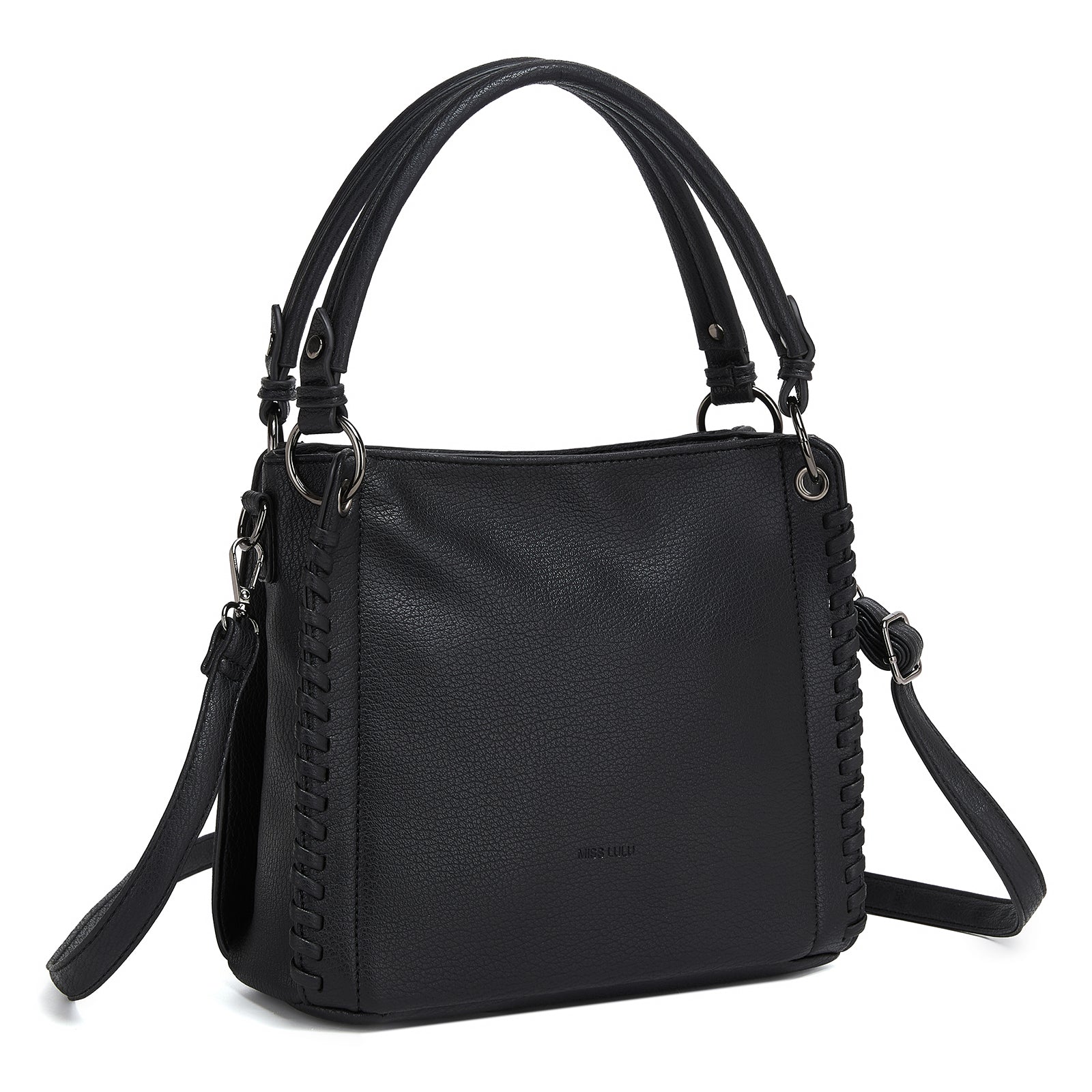 Miss Lulu Textured PU Leather Crossbody Handbag with Woven Accents for Women - Black