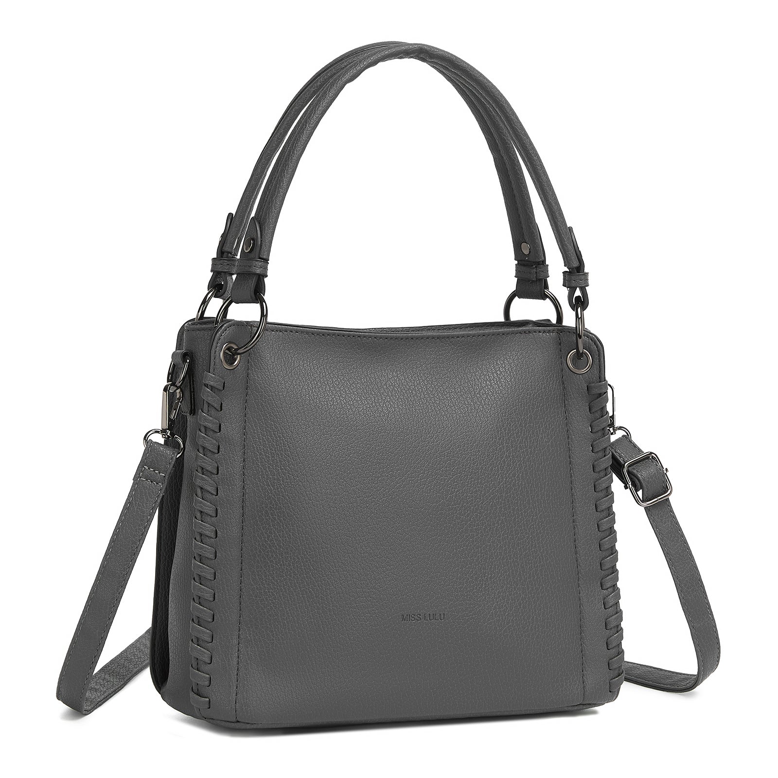 Miss Lulu Textured PU Leather Crossbody Handbag with Woven Accents for Women - Grey