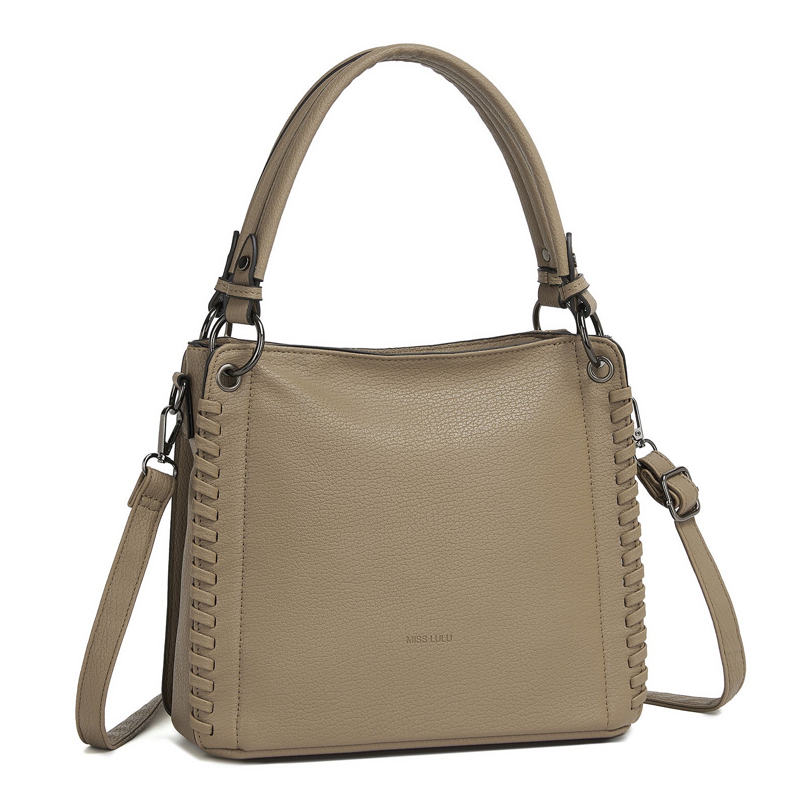 Miss Lulu Textured PU Leather Crossbody Handbag with Woven Accents for Women - Khaki