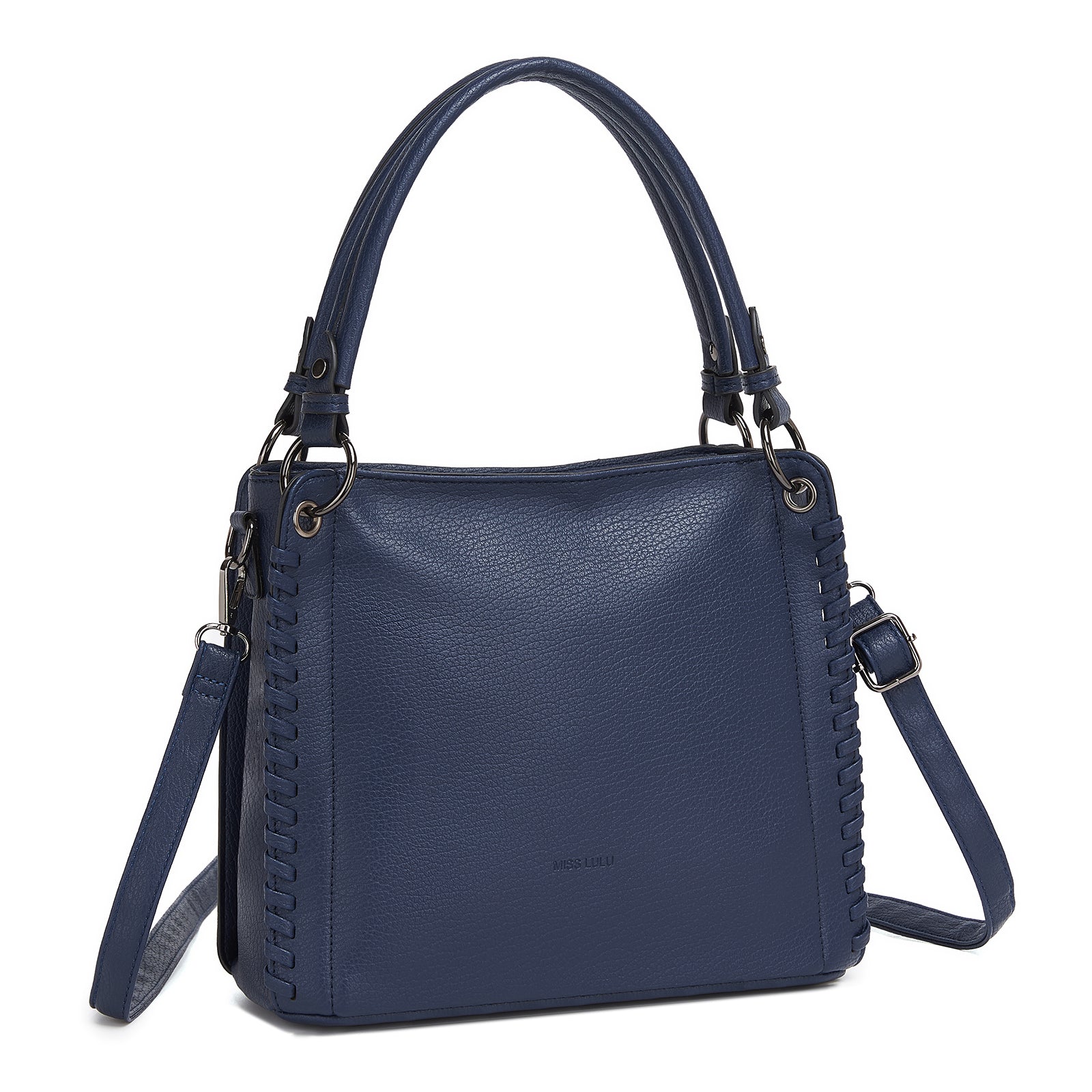 Miss Lulu Textured PU Leather Crossbody Handbag with Woven Accents for Women - Navy