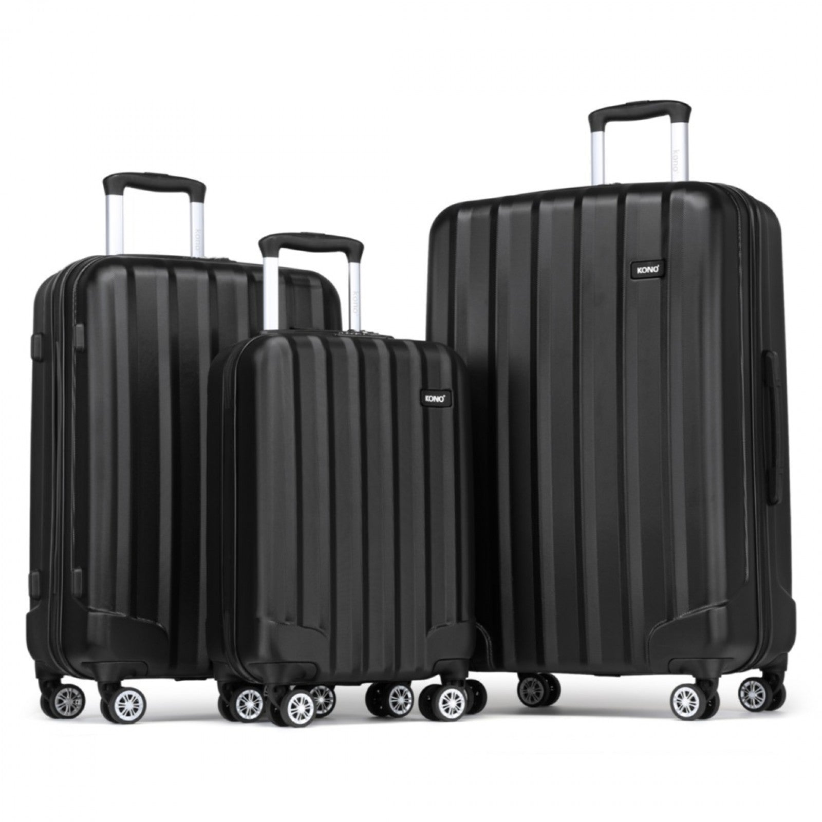 Kono 19/24/28 Inch 3 Piece Set Striped ABS+PC Hard Shell Luggage with 360-Degree Spinner Wheels - Black