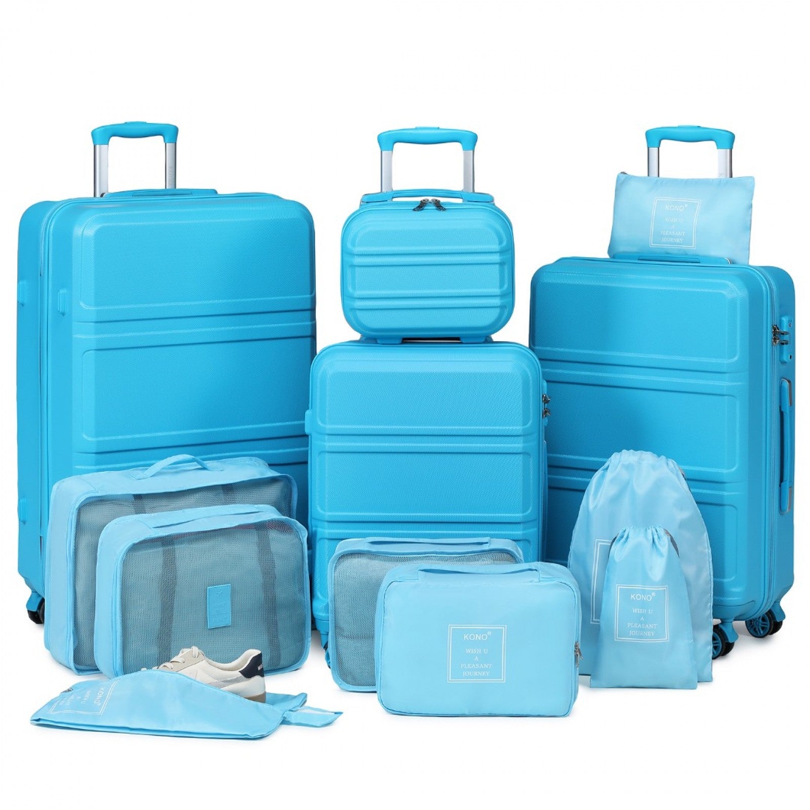 Kono ABS Suitcase Set With 4 Wheel Design Including Vanity Case And Travel Luggage Organiser Bag Set - Blue