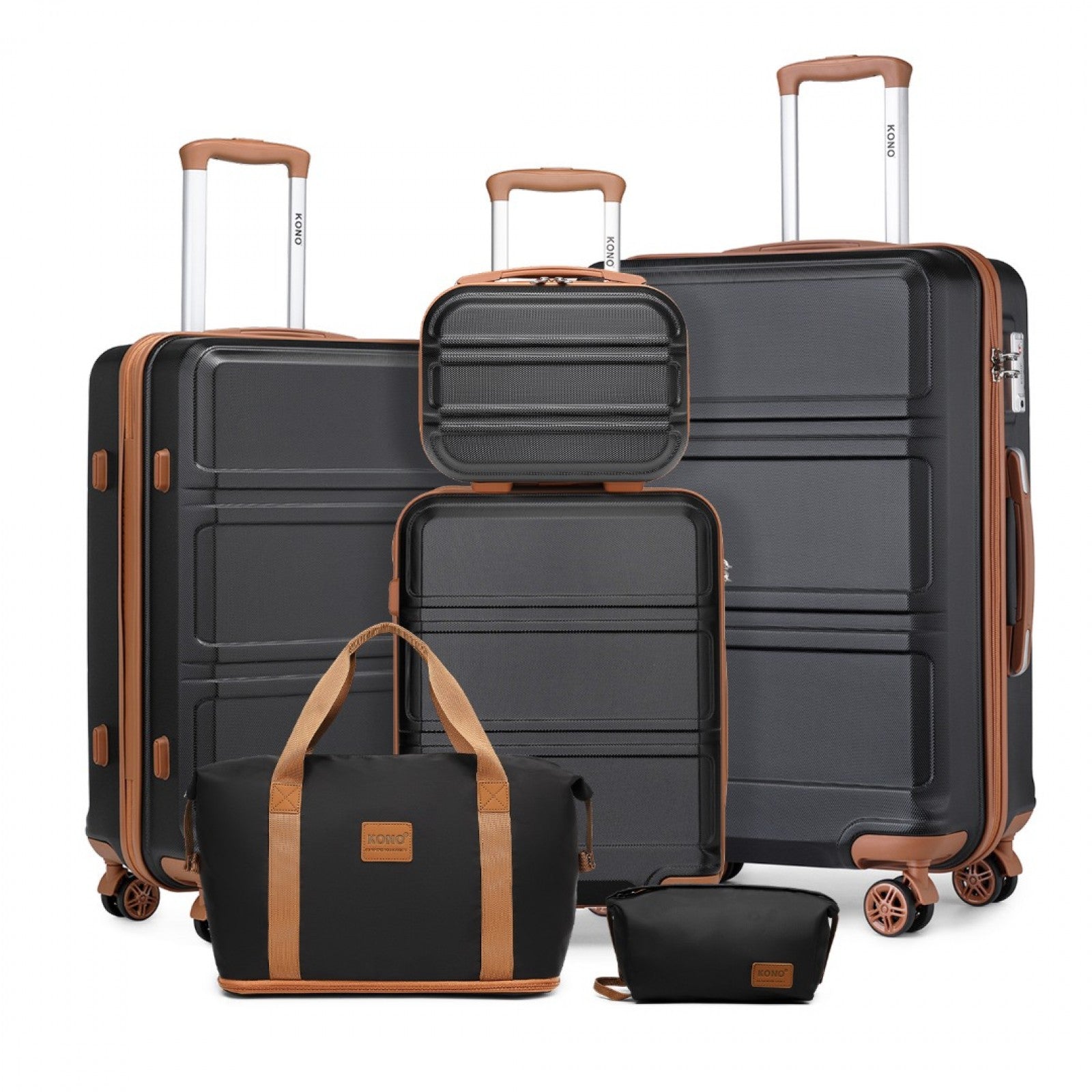 Kono 6 Piece ABS Suitcase Set With 4 Wheel Design Including Vanity Case Weekend Bag And Toiletry Bag - Black And Brown