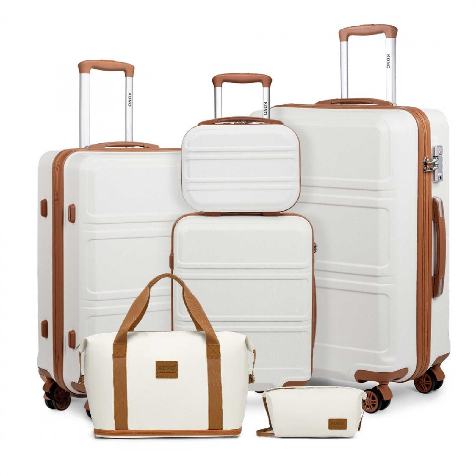 Kono 6 Piece ABS Suitcase Set With 4 Wheel Design Including Vanity Case Weekend Bag And Toiletry Bag - Cream