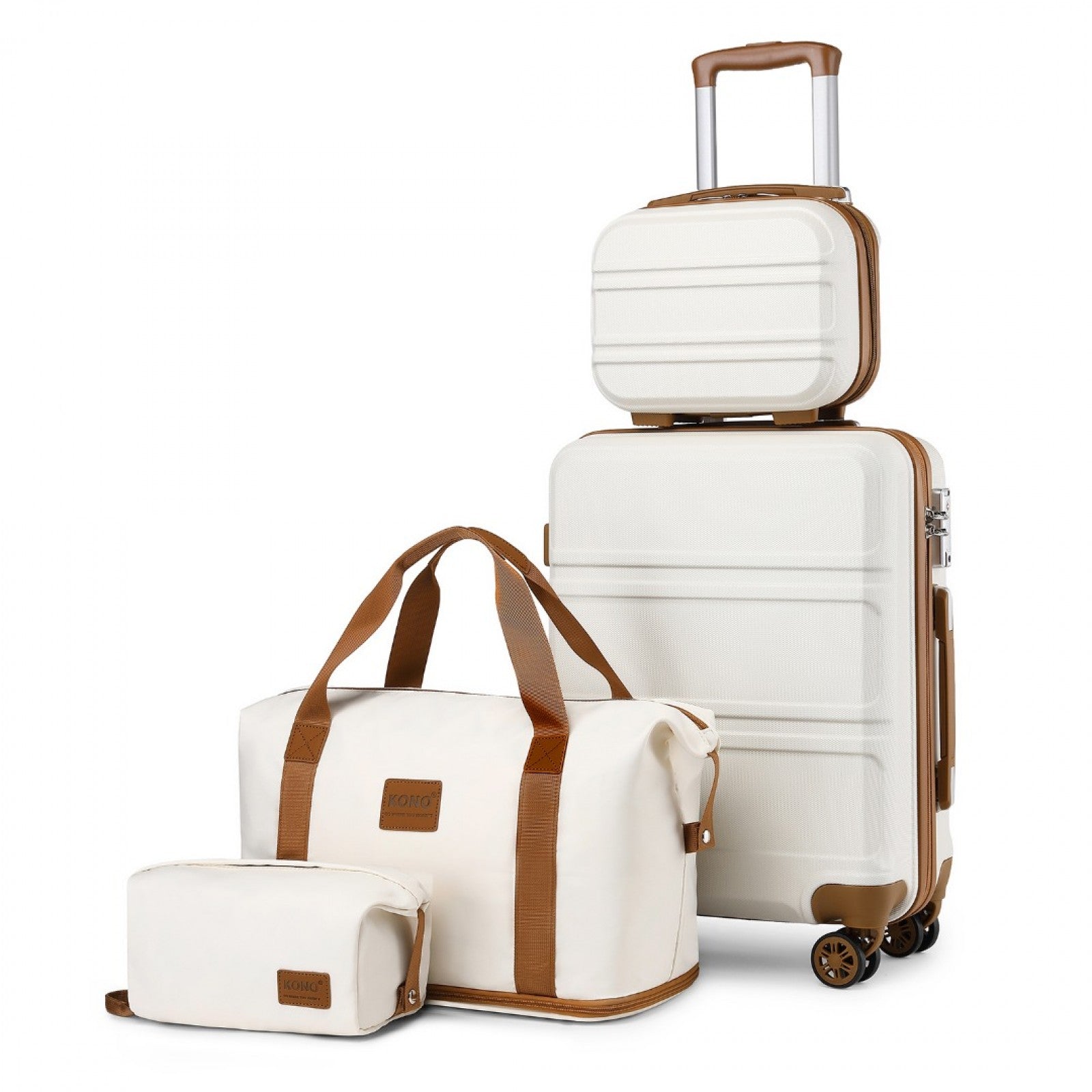 Kono ABS 4 Wheel Suitcase Set With Vanity Case And Weekend Bag And Toiletry Bag - Cream