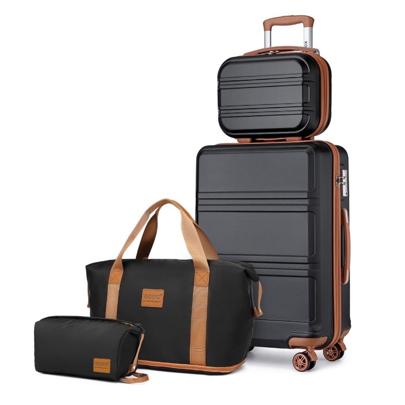 Kono ABS 4 Wheel Suitcase Set With Vanity Case And Weekend Bag And Toiletry Bag - Black And Brown