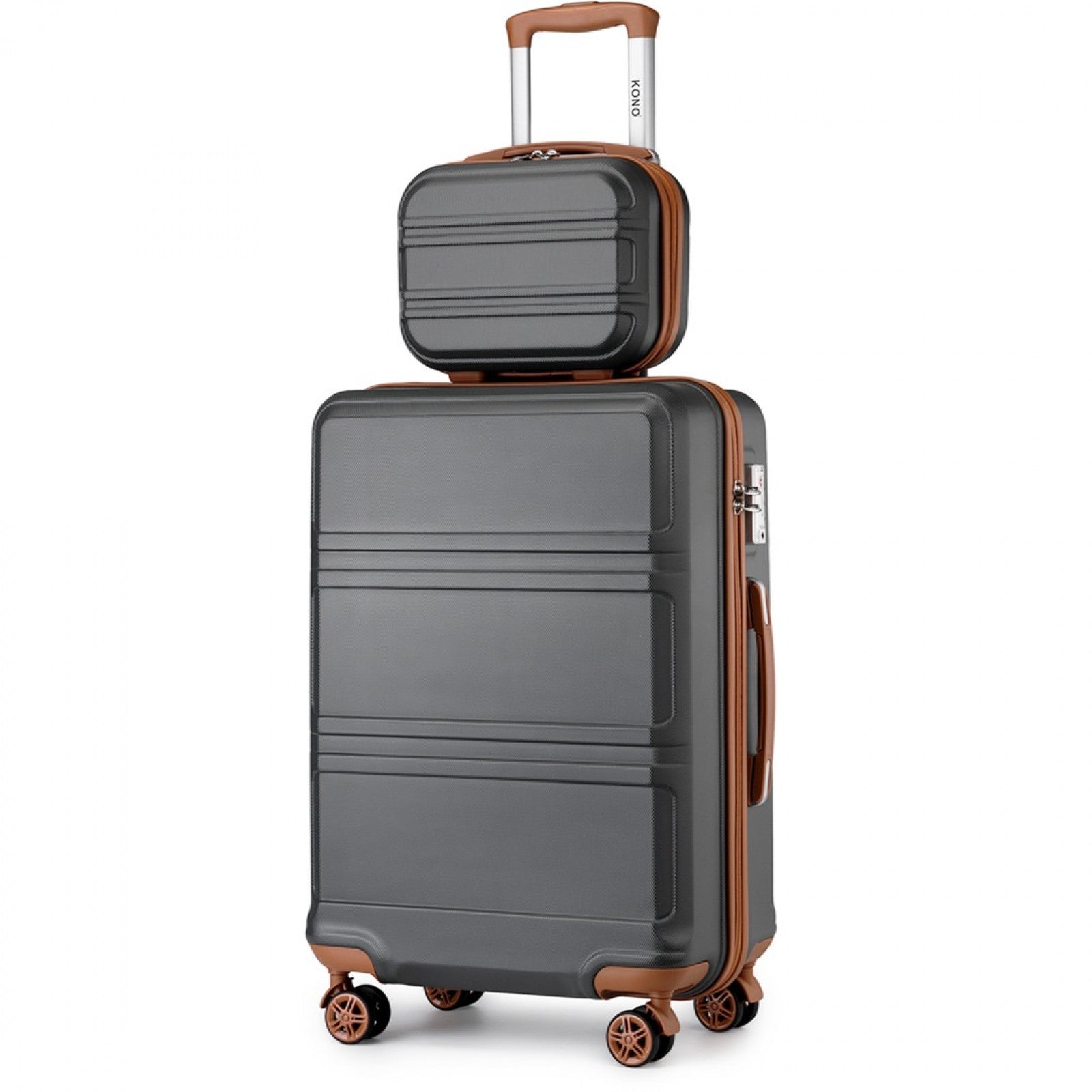 Kono ABS 4 Wheel Suitcase Set with Vanity Case - Grey And Brown