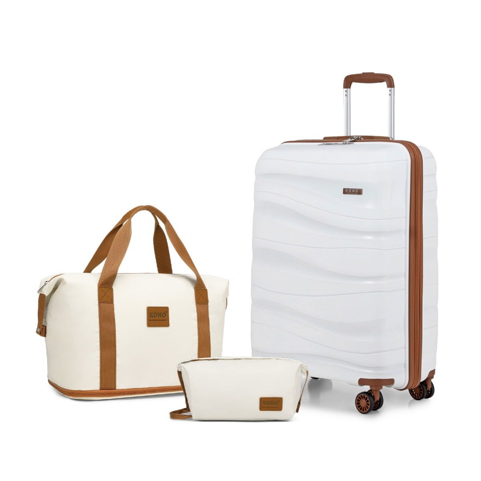 Kono 20 Inch Polypropylene Cabin Size Suitcase 3 Piece Travel Set with Weekend Bag and Toiletry Bag - Cream