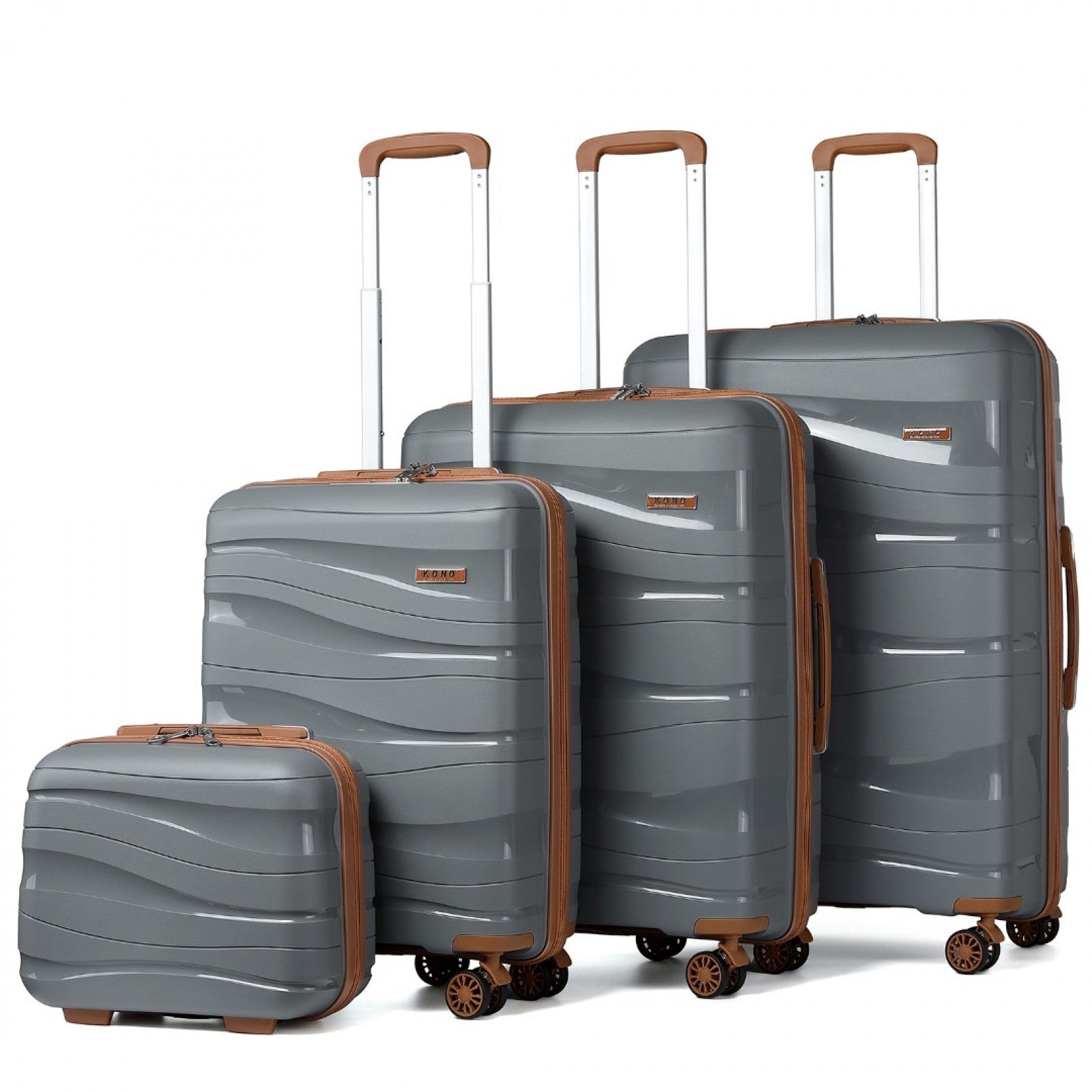 Kono Lightweight Polypropylene Hard Shell 4 Piece Suitcase Set With TSA Lock And Vanity Case - Grey And Brown