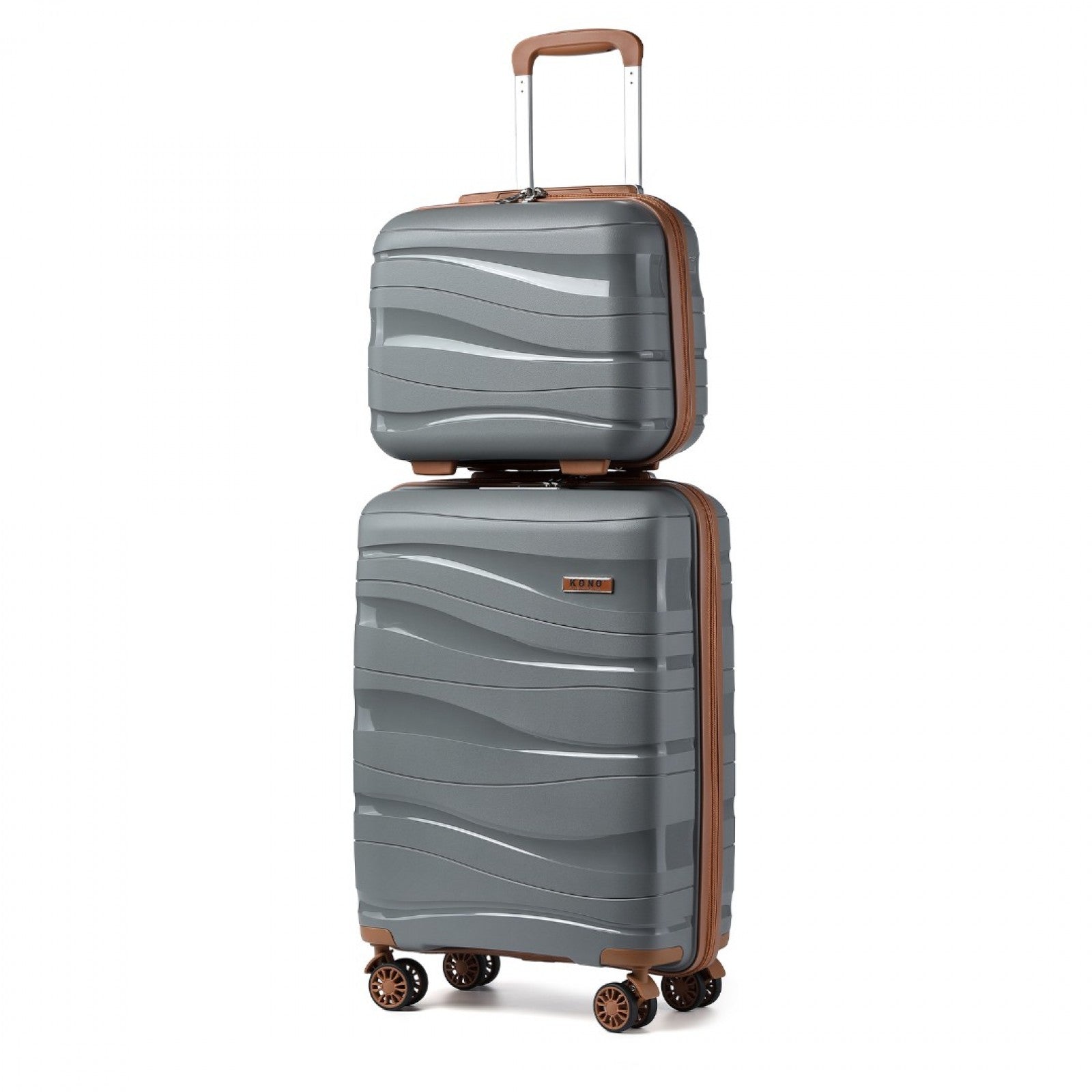 Kono 14/20 Inch Lightweight Polypropylene Hard Shell 2 Piece Suitcase Set With TSA Lock And Vanity Case - Grey And Brown