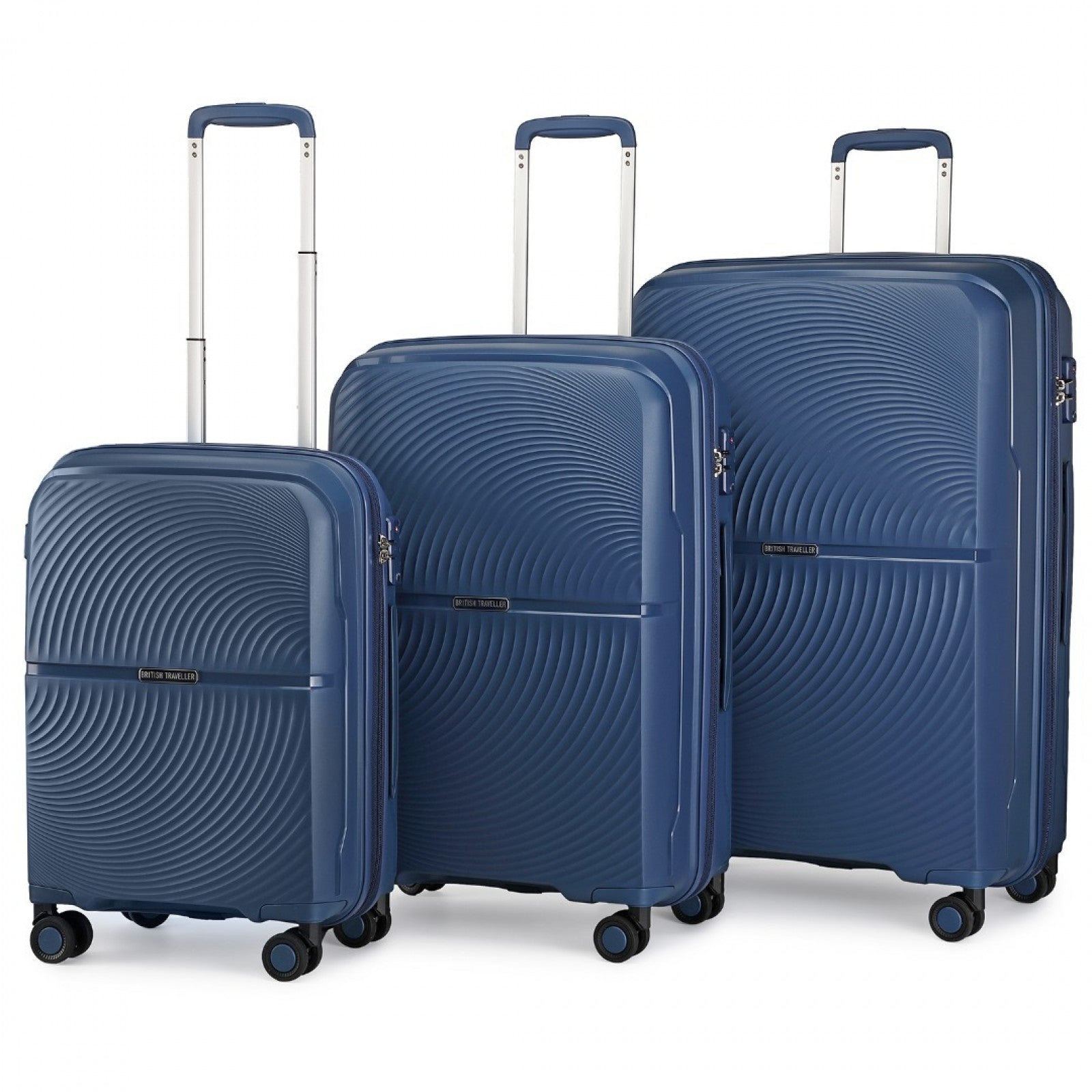 British Traveller 3 Pcs Set Spinner Hard Shell PP Suitcase With TSA Lock - Navy