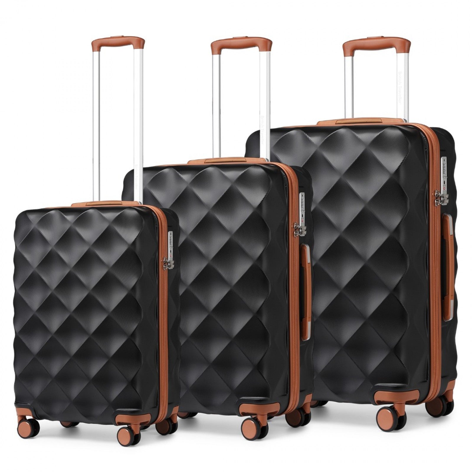 British Traveller Ultralight ABS And Polycarbonate Bumpy Diamond 3 Pcs Luggage Set With TSA Lock - Black And Brown