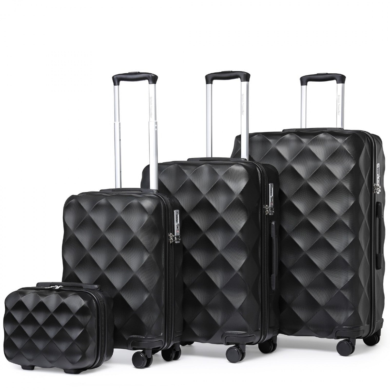 British Traveller Ultralight ABS And Polycarbonate Bumpy Diamond 4 Pcs Luggage Set With TSA Lock - Black