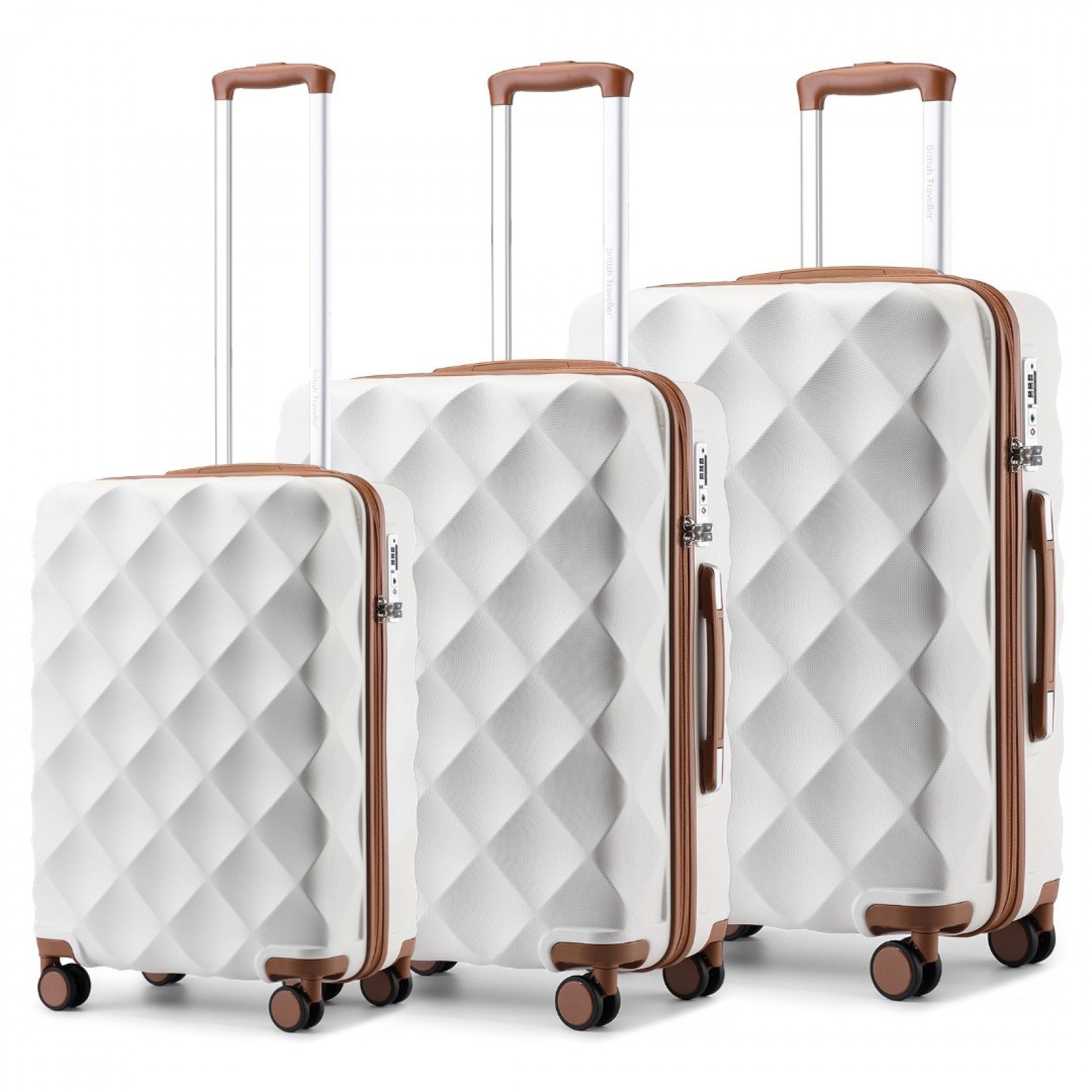 British Traveller Ultralight ABS And Polycarbonate Bumpy Diamond 3 Pcs Luggage Set With TSA Lock - Cream