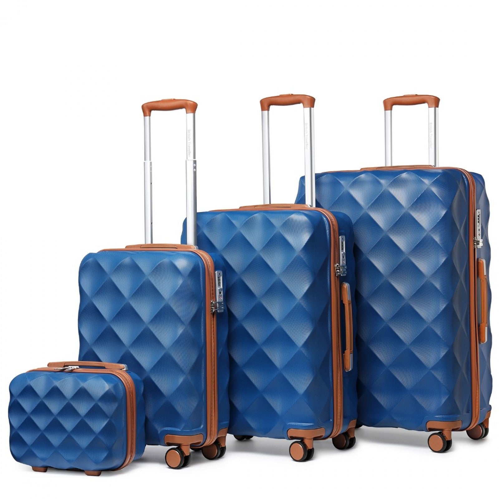 British Traveller Ultralight ABS And Polycarbonate Bumpy Diamond 4 Pcs Luggage Set With TSA Lock - Navy And Brown