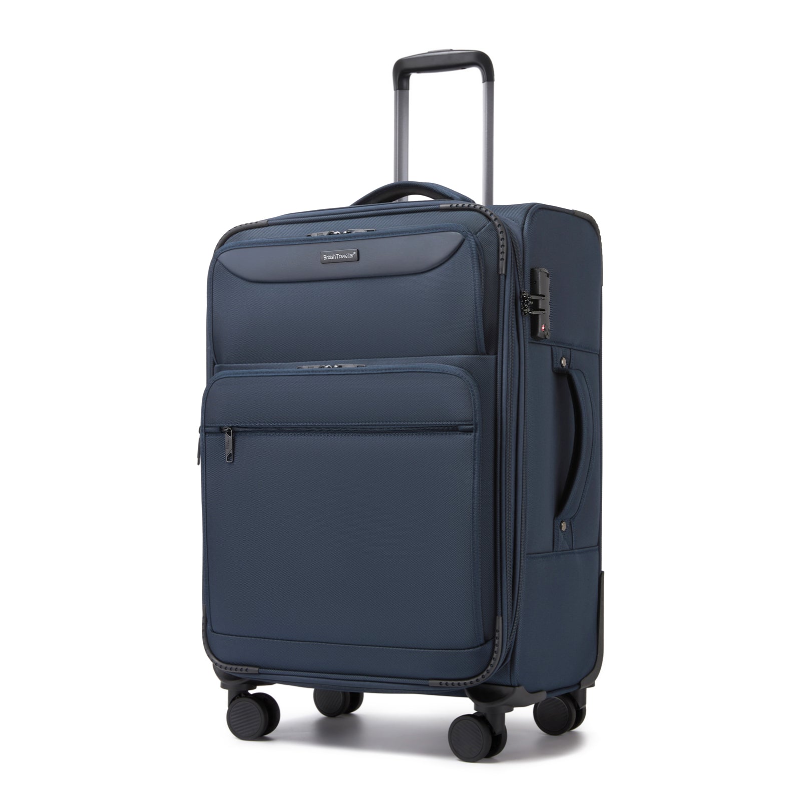 British Traveller 24-Inch Expandable Softshell Suitcase with TSA Lock, Silent Spinner Wheels & Laptop Compartment - Navy