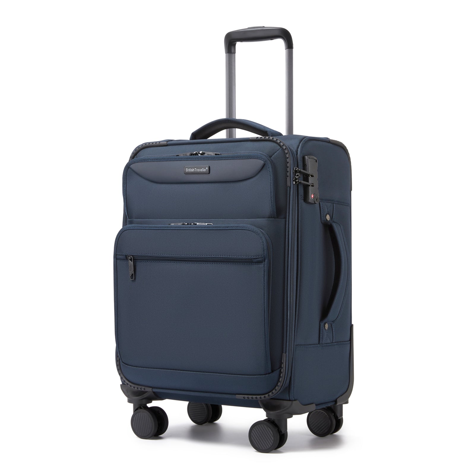 British Traveller 20-Inch Durable Softshell Suitcase with Front Laptop Compartment, TSA Lock & Silent Spinner Wheels - Navy
