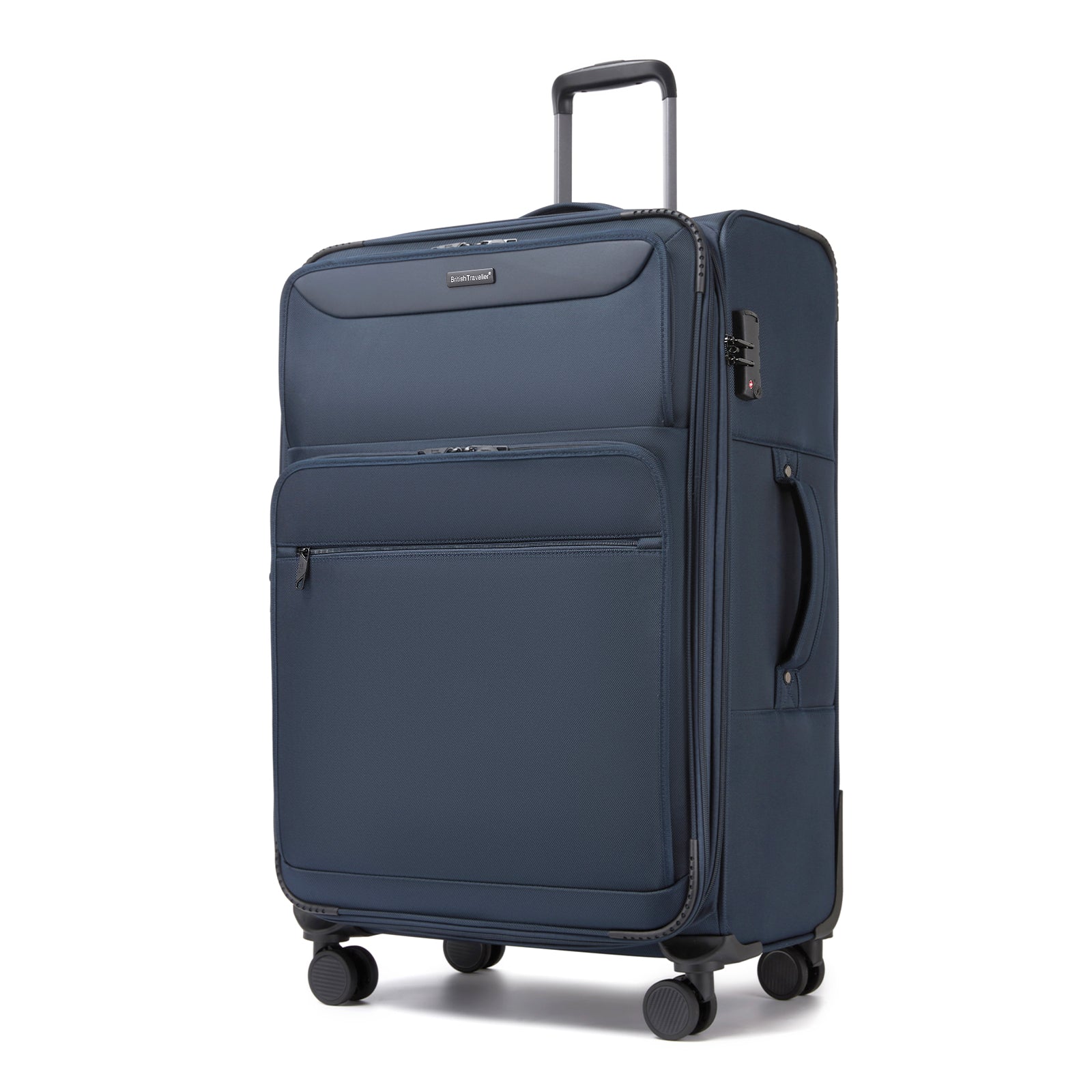 British Traveller 28-Inch Large Expandable Softshell Suitcase with TSA Lock, Silent Spinner Wheels & Laptop Compartment - Navy