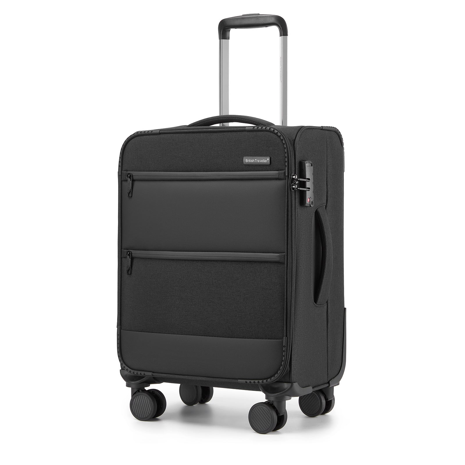 British Traveller Sleek Tough 20 Inch Travel Soft-Shell Suitcase with Silent TPE Spinners, TSA Security and Laptop Sleeve - Black