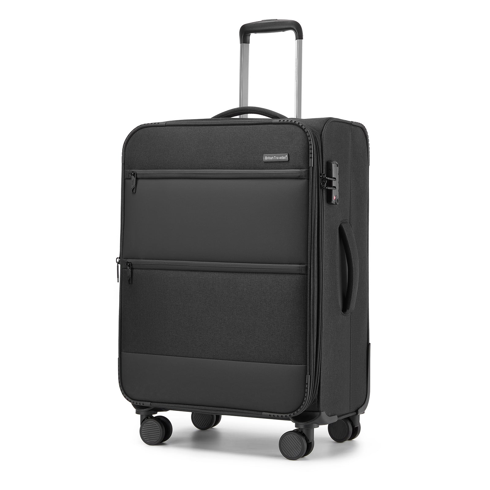 British Traveller Sleek Tough 24 Inch Travel Soft-Shell Suitcase with Silent TPE Spinners, TSA Security and Expandable Capacity - Black