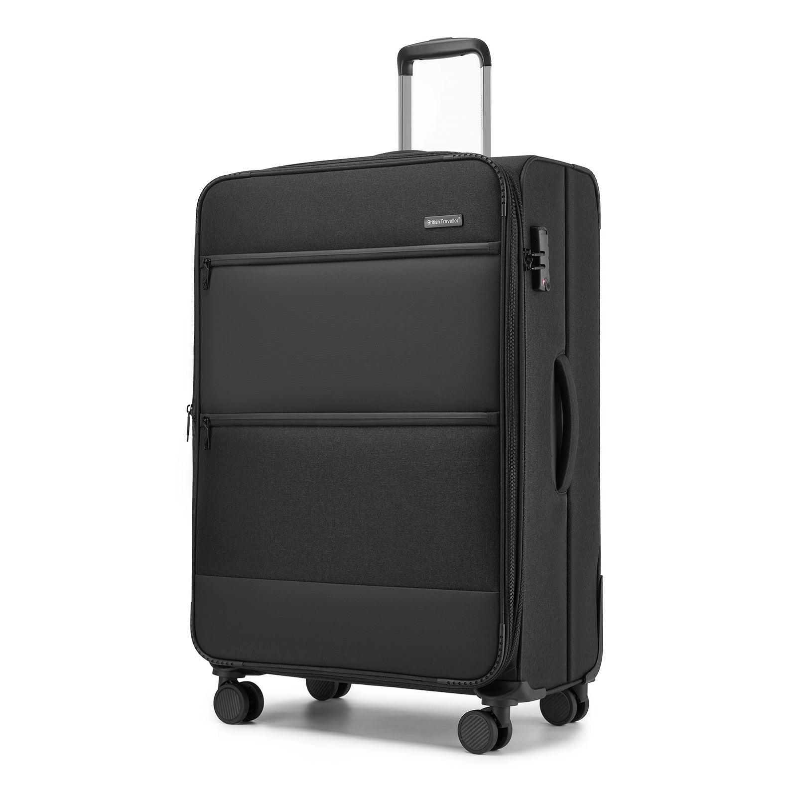 British Traveller Sleek Tough 28 Inch Travel Soft-Shell Suitcase with Silent TPE Spinners, TSA Security and Expandable Capacity - Black