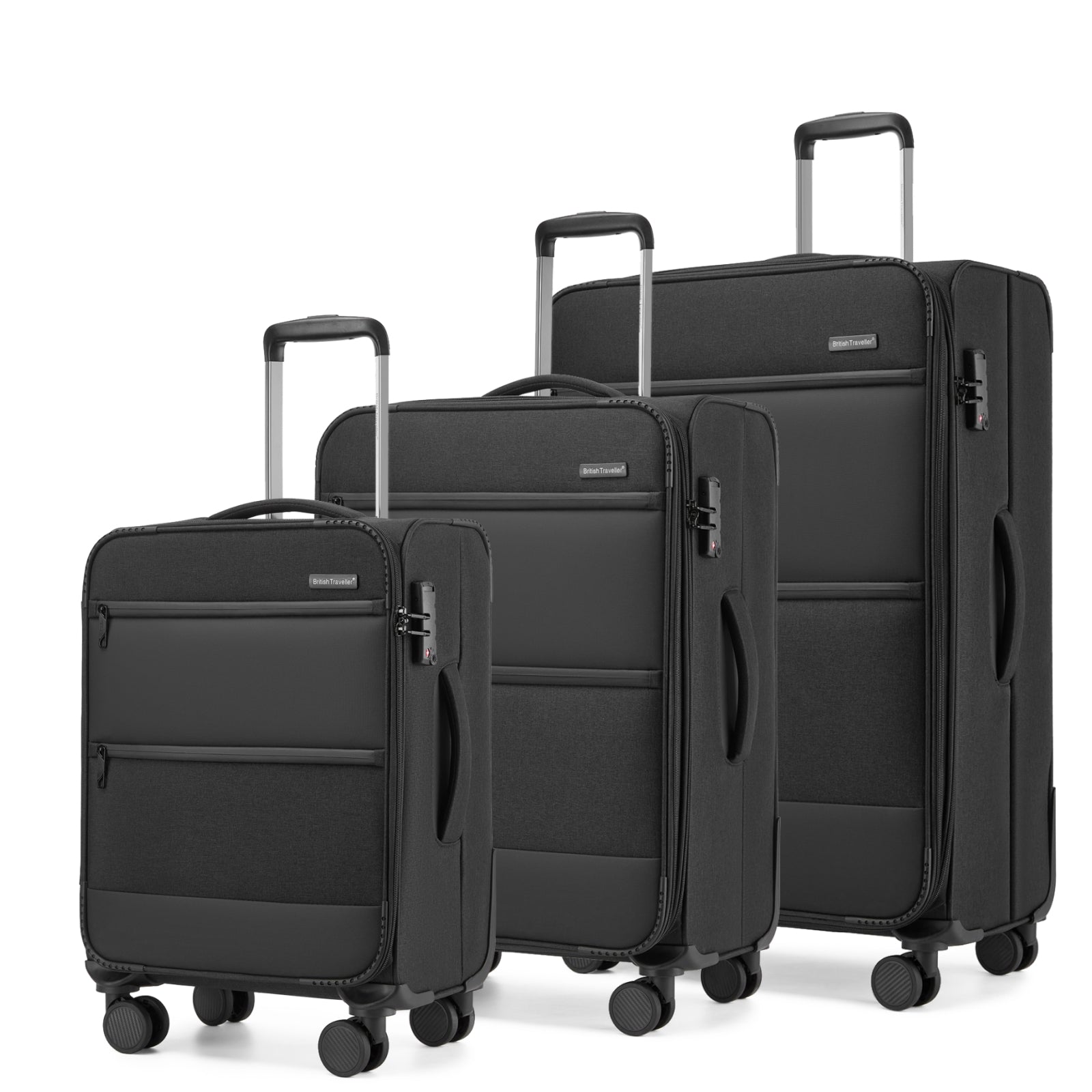British Traveller Sleek Tough 3-Piece Travel Soft-Shell Suitcase with Silent TPE Spinners, TSA Security and Expandable Checked Sizes - Black