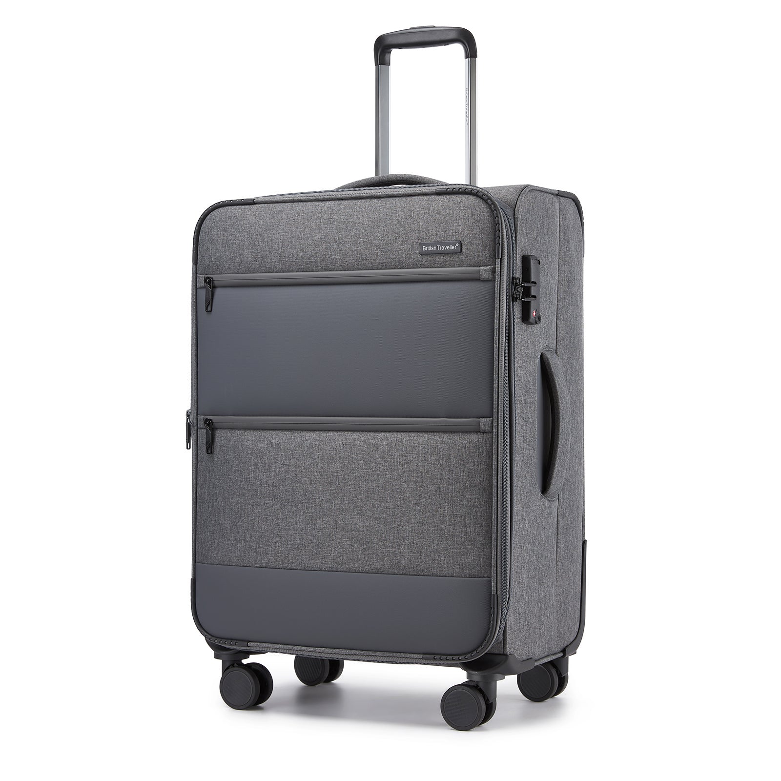 British Traveller Sleek Tough 24 Inch Travel Soft-Shell Suitcase with Silent TPE Spinners, TSA Security and Expandable Capacity - Grey