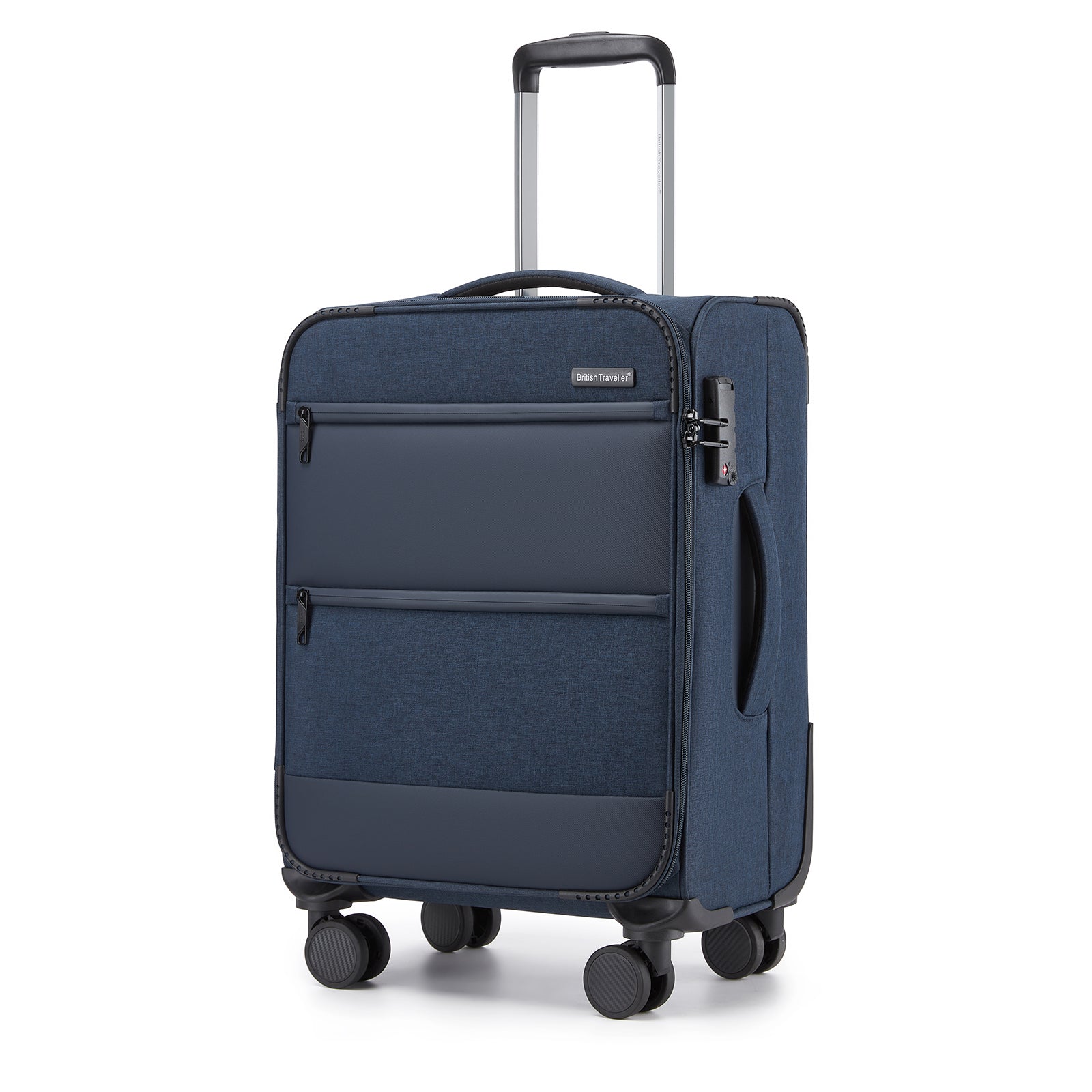 British Traveller Sleek Tough 20 Inch Travel Soft-Shell Suitcase with Silent TPE Spinners, TSA Security and Laptop Sleeve - Navy