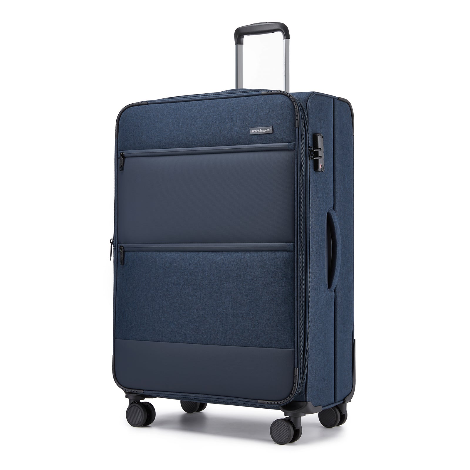 British Traveller Sleek Tough 28 Inch Travel Soft-Shell Suitcase with Silent TPE Spinners, TSA Security and Expandable Capacity - Navy
