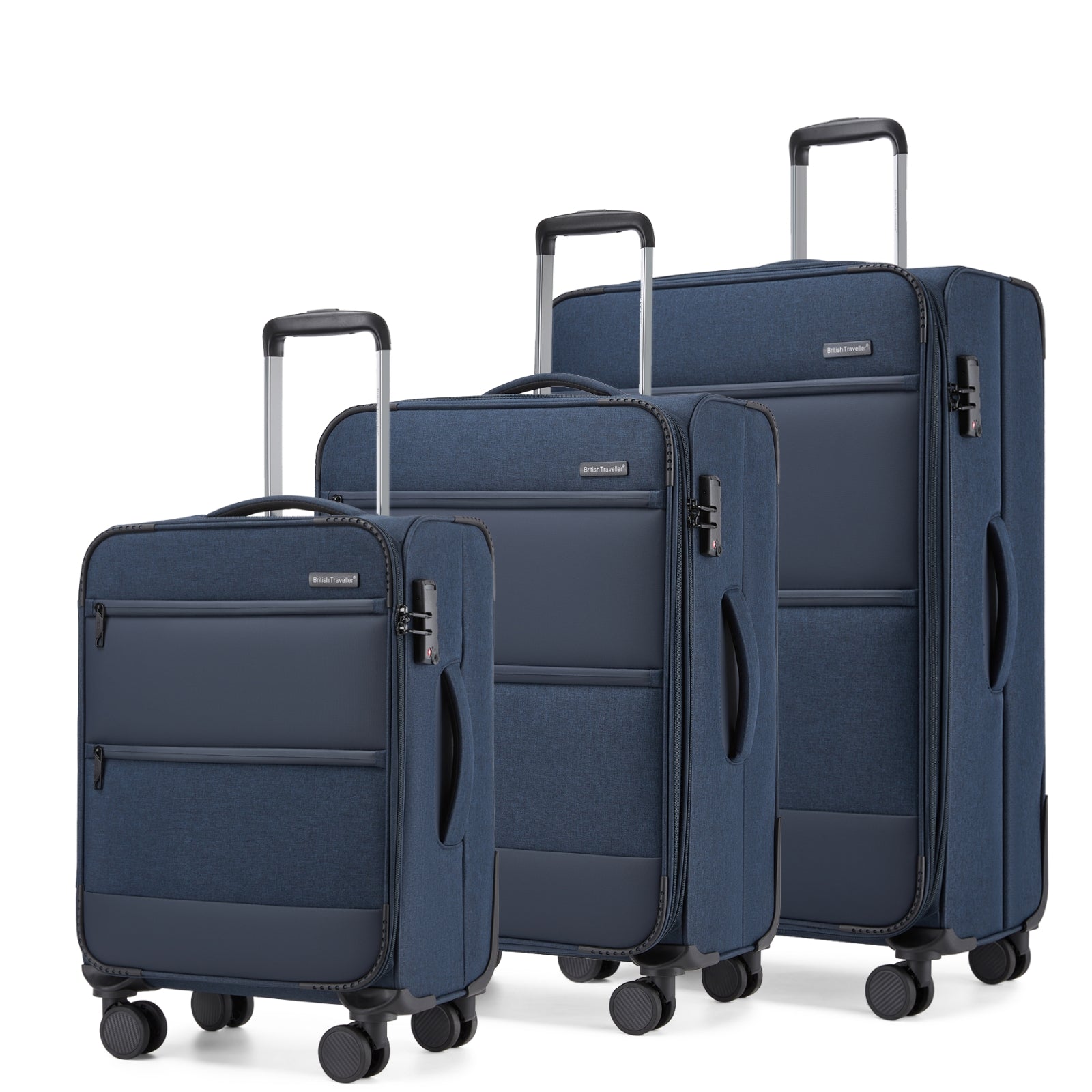 British Traveller Sleek Tough 3-Piece Travel Soft-Shell Suitcase with Silent TPE Spinners, TSA Security and Expandable Checked Sizes - Navy