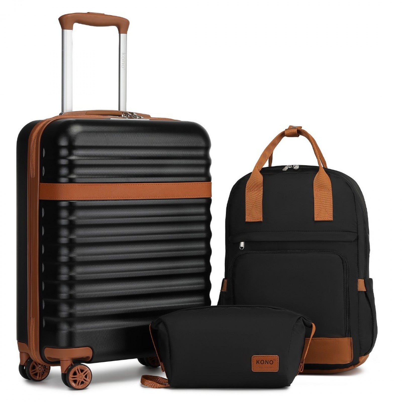 Kono 20 Inch Stylish Hard Shell ABS+PC Cabin Suitcase Included Multi-Compartment Backpack with Small Pouch 3 Piece Travel Set - Black And Brown
