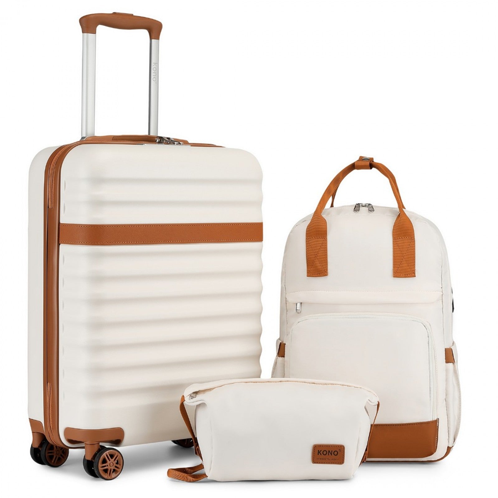 Kono 20 Inch Stylish Hard Shell ABS+PC Cabin Suitcase Included Multi-Compartment Backpack with Small Pouch 3 Piece Travel Set - Cream And Brown