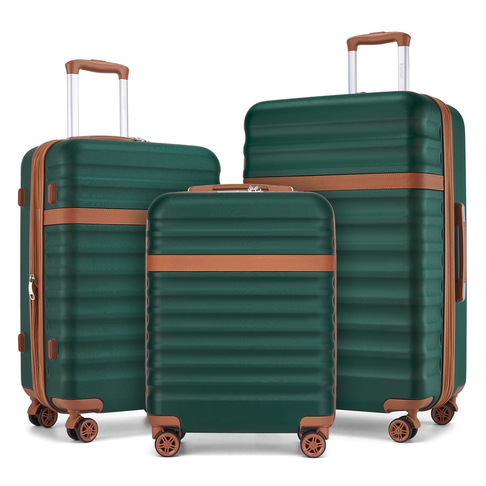 Kono 3-Piece Expandable Luggage Set 20"/24"/28" Durable Hard Shell ABS+PC Suitcases with TSA Lock for Secure Travel - Green and Brown