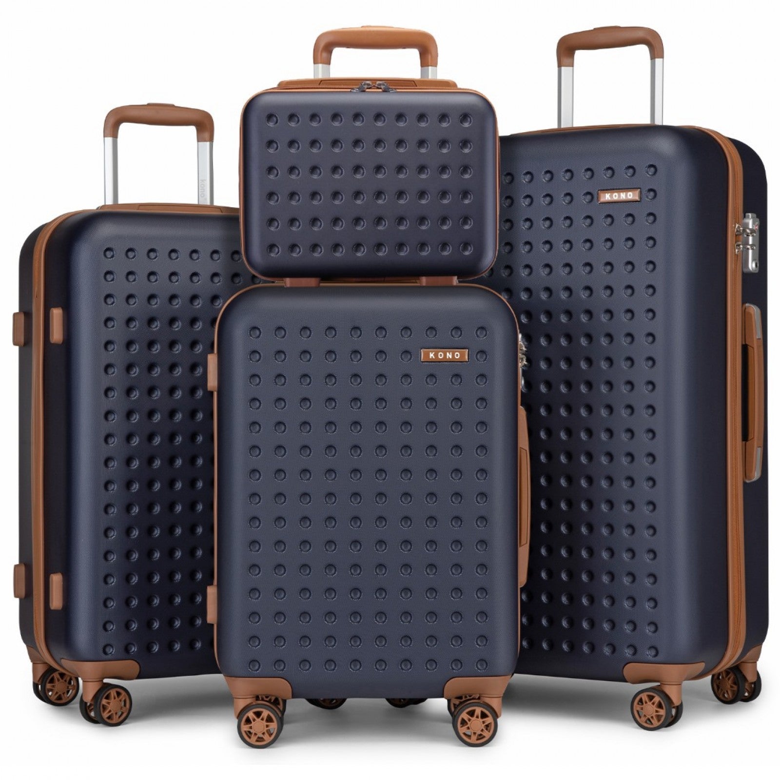 Kono Stylish ABS+PC Polka Dot Hard Shell Suitcase With TSA Lock And Vanity Case 4 Piece Set - Navy And Brown