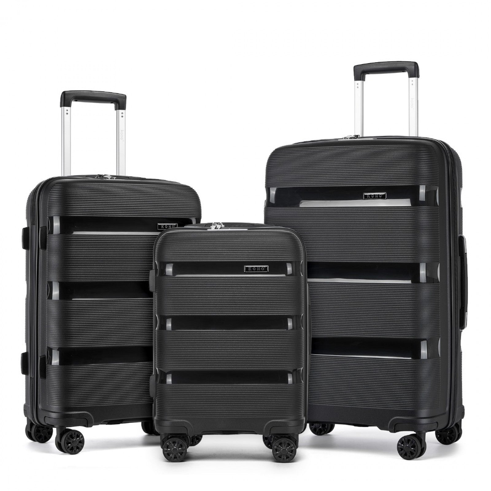 Kono 3-Piece PP Hardshell Luggage Set–Durable Travel Suitcases with TSA Lock, 360° Spinner Wheels - Black