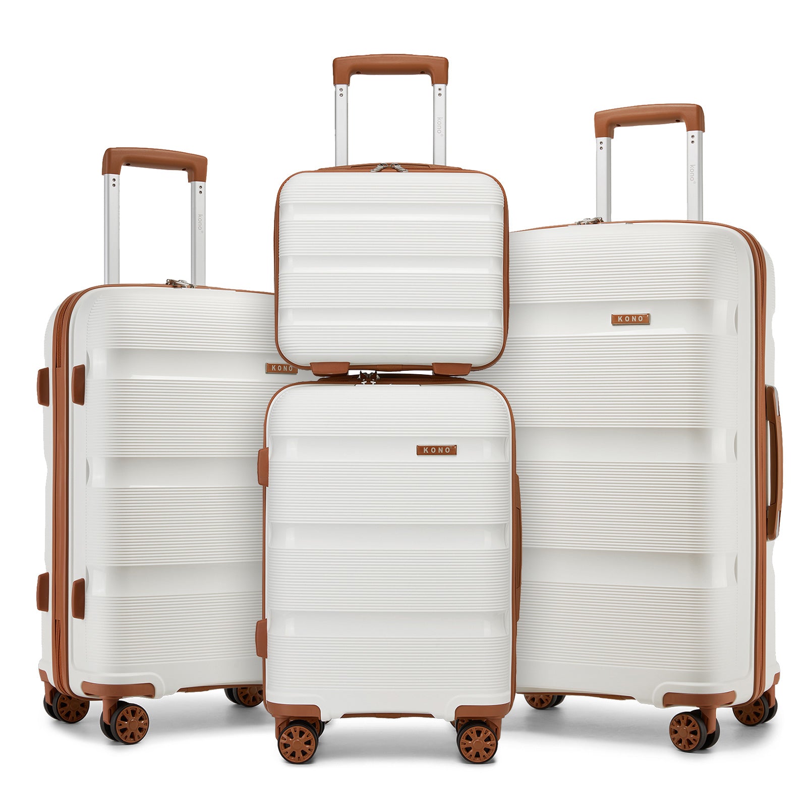 Kono 4-Piece PP Hardshell Luggage Set–Durable Travel Suitcases with TSA Lock, 360° Spinner Wheels with Vanity Case - Cream and Brown