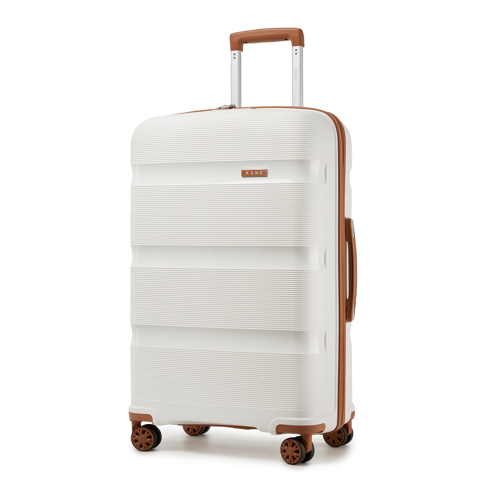 Kono 28-Inch PP Hardshell Checked Luggage–Large Lightweight Suitcase with TSA Lock, 360° Spinner Wheels - Cream And Brown