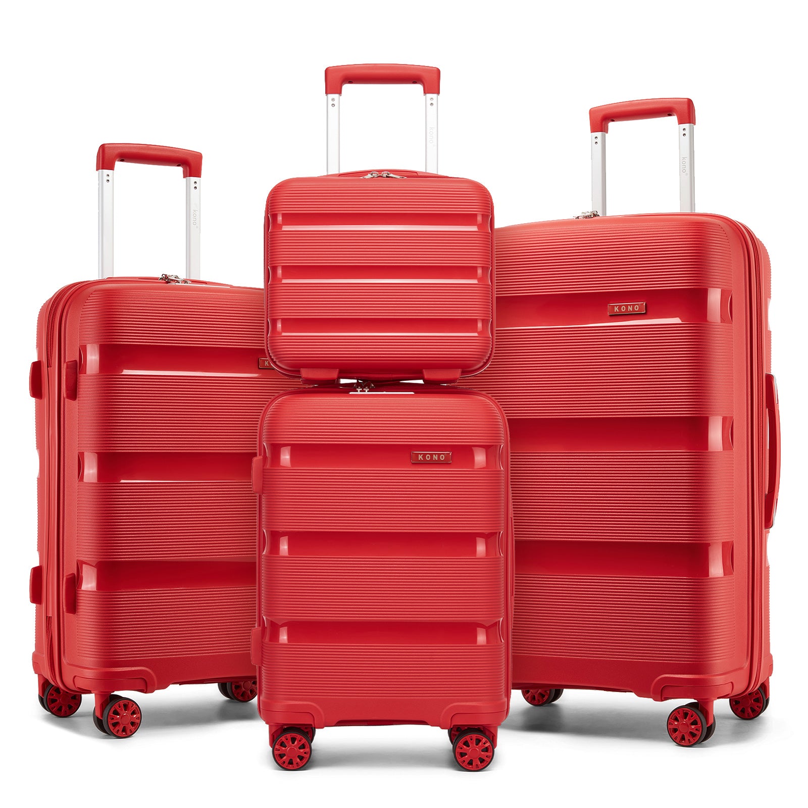 Kono 4-Piece PP Hardshell Luggage Set–Durable Travel Suitcases with TSA Lock, 360° Spinner Wheels with Vanity Case - Red