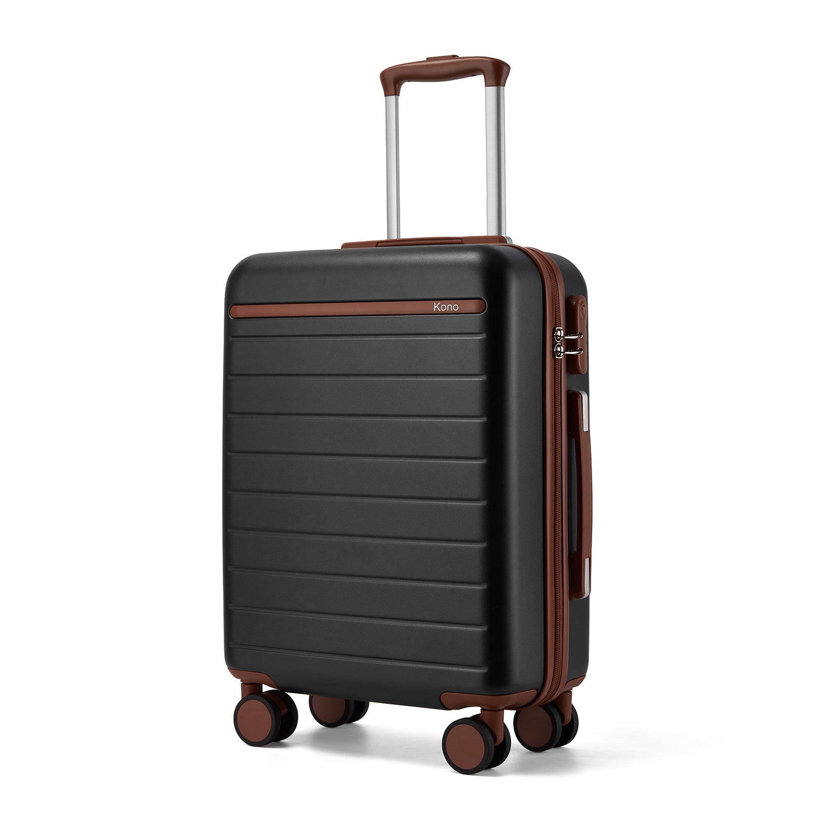 Kono Scratch-Resistant 20-Inch Hard Shell Cabin Suitcase with Horizontal Stripe Design, Brown Accents & Spinner Wheels - Black and Brown