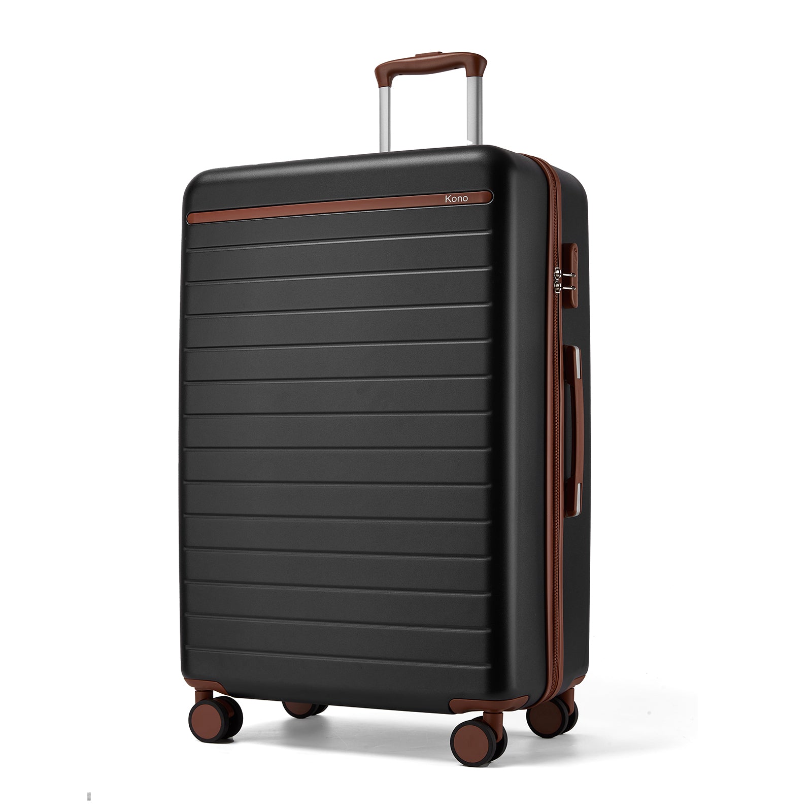 Kono Scratch-Resistant 28-Inch Large Hard Shell Suitcase with Horizontal Stripe Design, Brown Accents & Spinner Wheels - Black and Brown