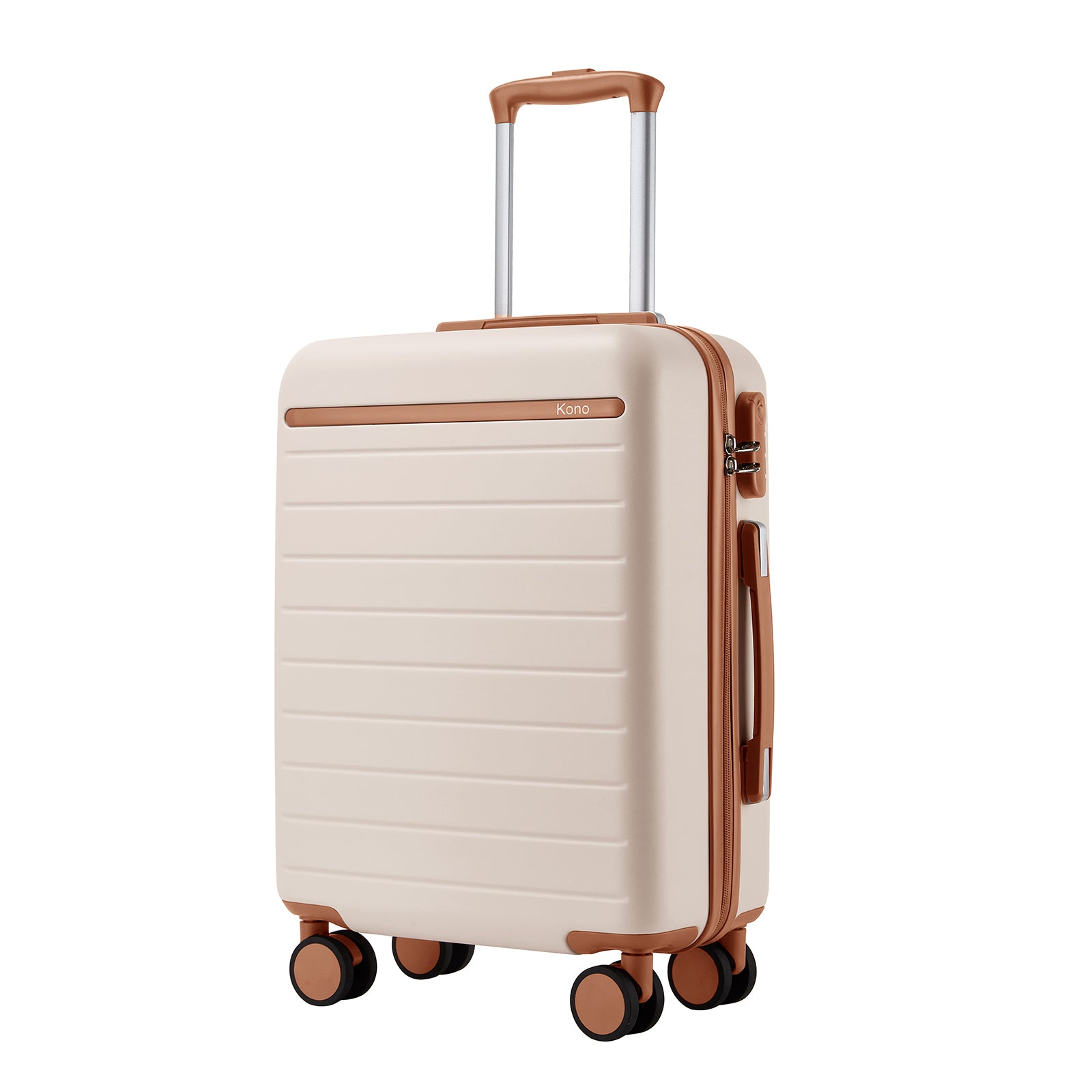 Kono Scratch-Resistant 20-Inch Hard Shell Cabin Suitcase with Horizontal Stripe Design, Brown Accents & Spinner Wheels - Cream and Brown