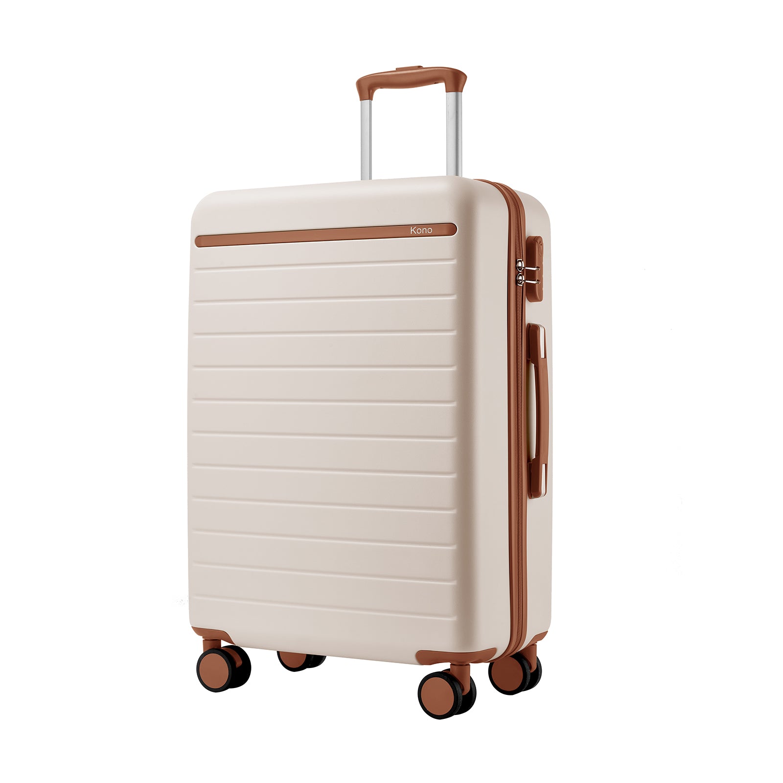 Kono Scratch-Resistant 24-Inch Hard Shell Medium Check-In Suitcase with Horizontal Stripe Design, Brown Accents & Spinner Wheels - Cream and Brown