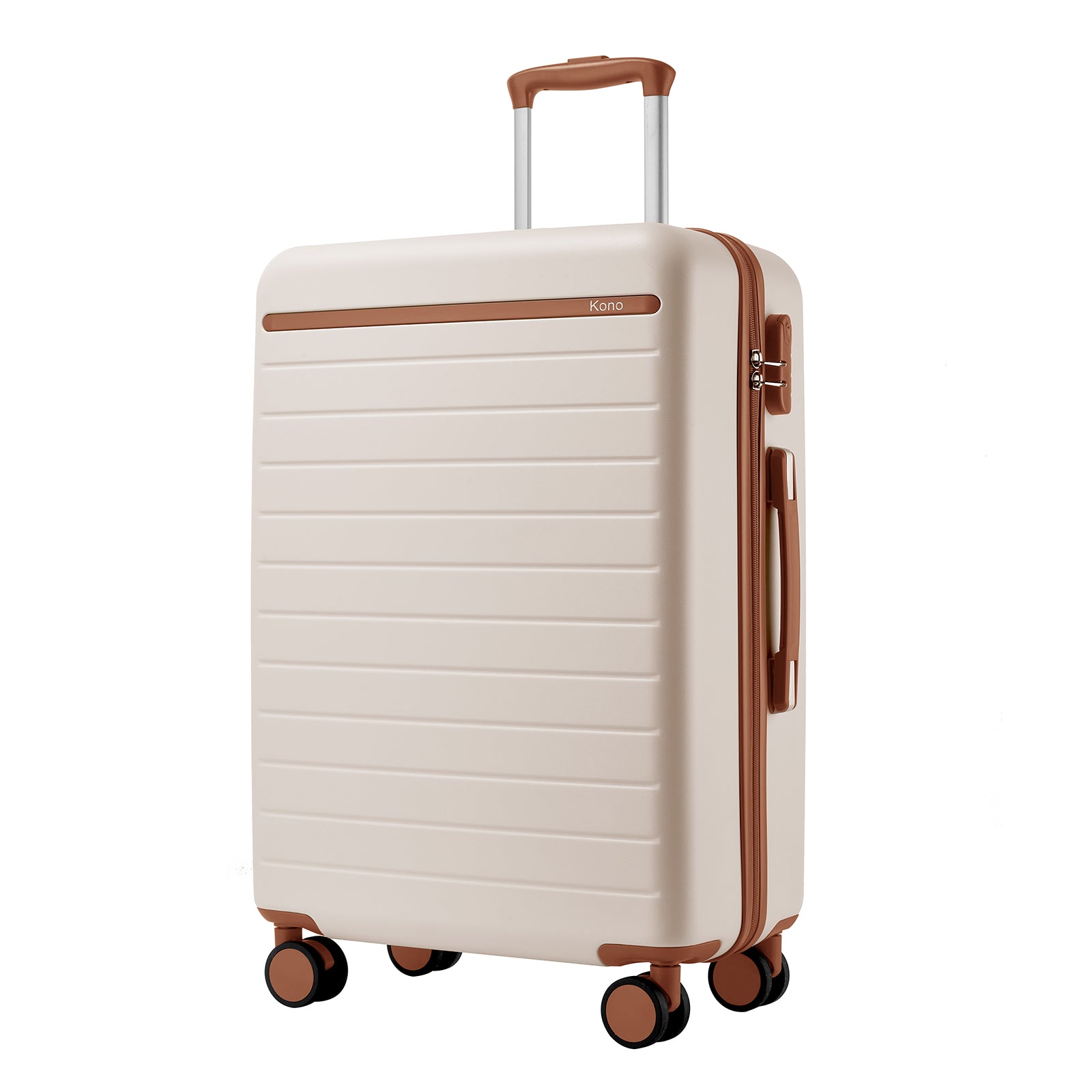 Kono Scratch-Resistant 28-Inch Large Hard Shell Suitcase with Horizontal Stripe Design, Brown Accents & Spinner Wheels - Cream and Brown