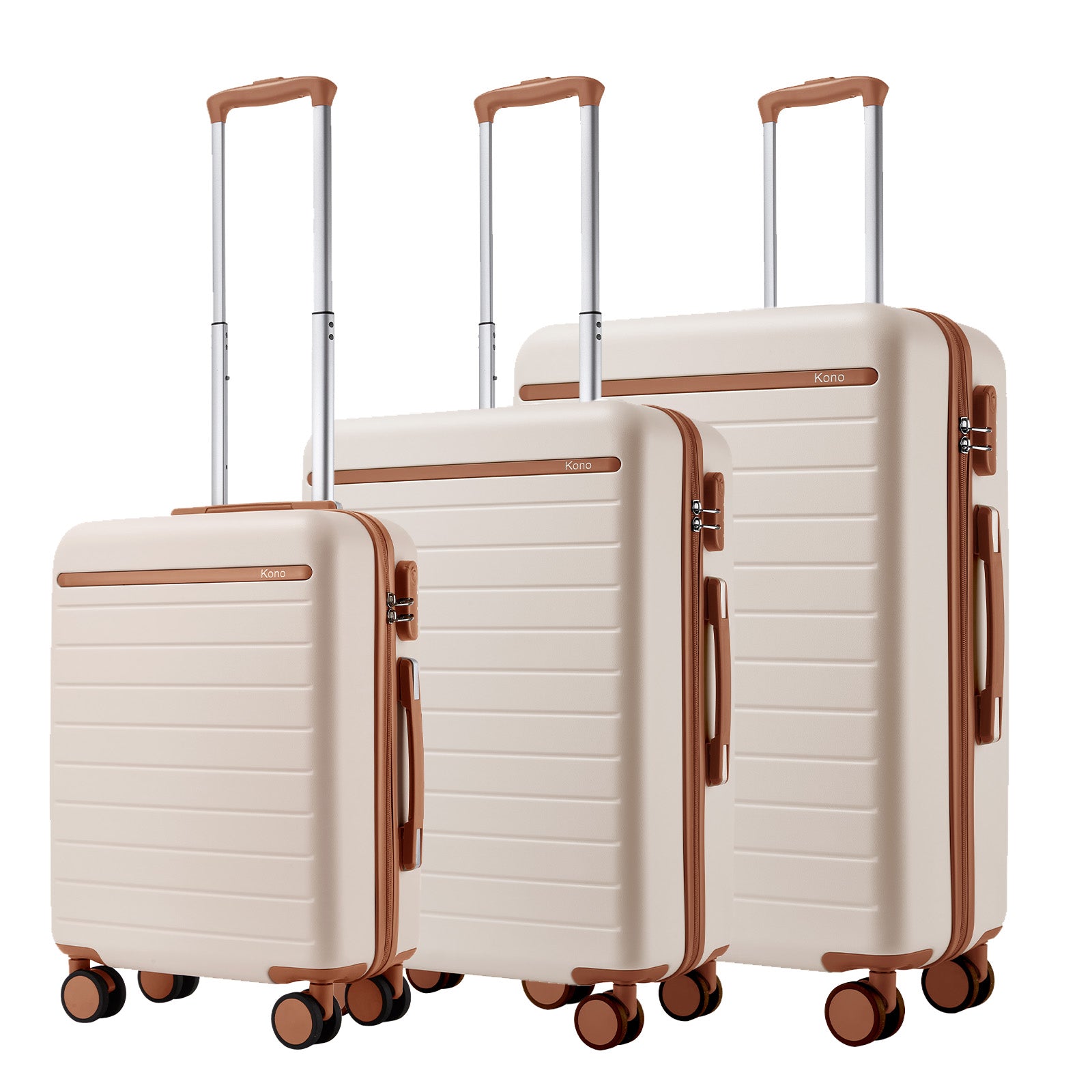Kono Scratch-Resistant 3-Piece Hard Shell Luggage Set with Horizontal Stripe Design, Brown Accents & Spinner Wheels - Cream and Brown