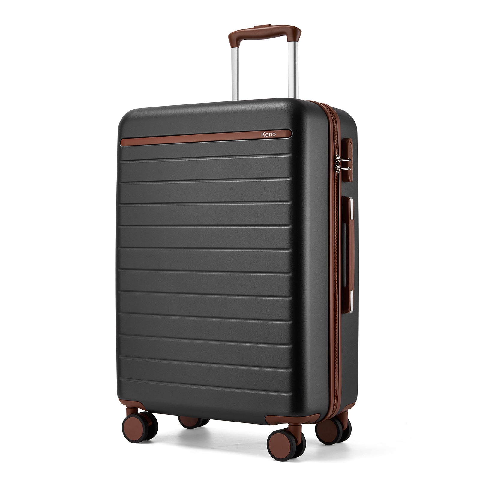 Kono Scratch-Resistant 24-Inch Hard Shell Medium Check-In Suitcase with Horizontal Stripe Design, Brown Accents & Spinner Wheels - Grey and Brown