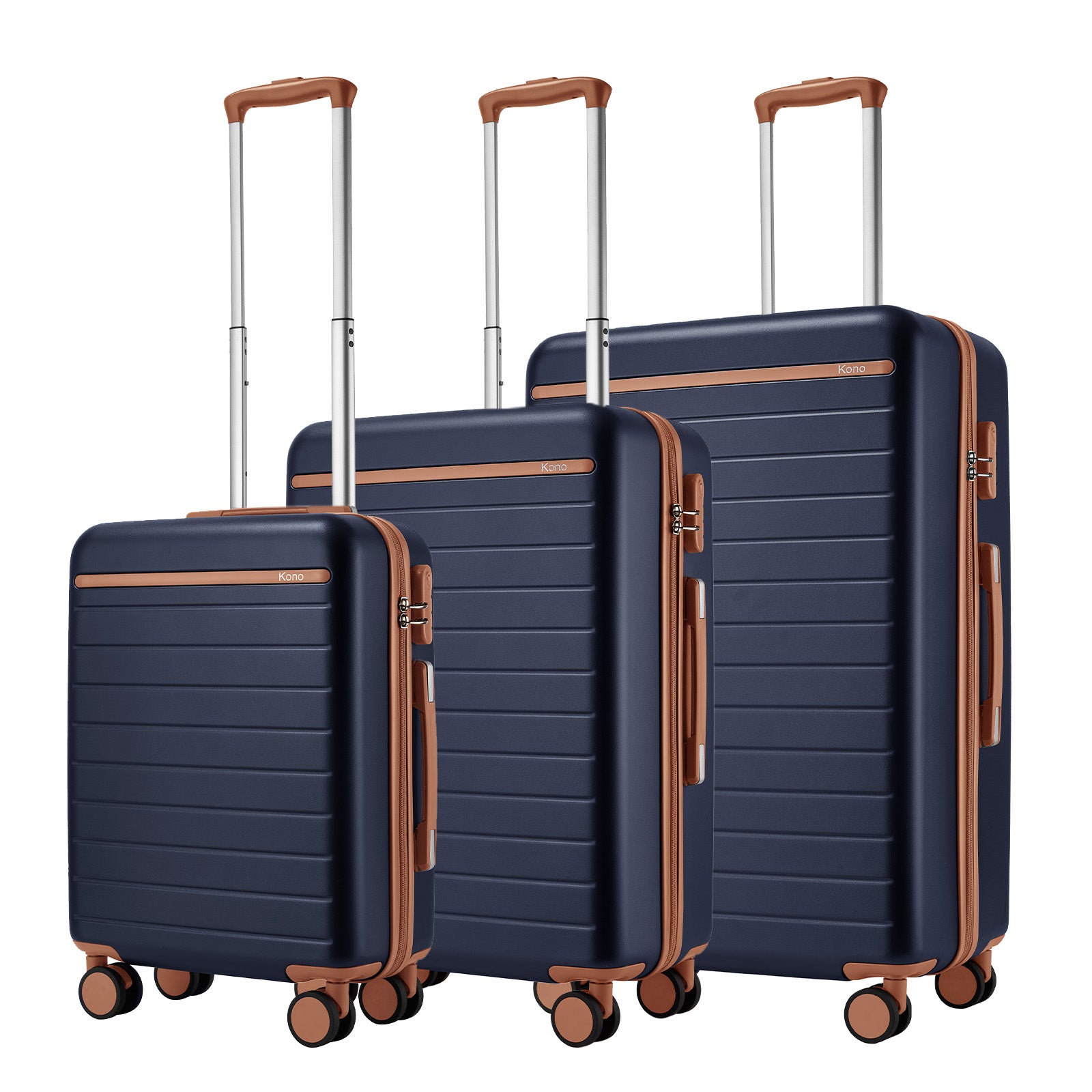 Kono Scratch-Resistant 3-Piece Hard Shell Luggage Set with Horizontal Stripe Design, Brown Accents & Spinner Wheels - Navy and Brown