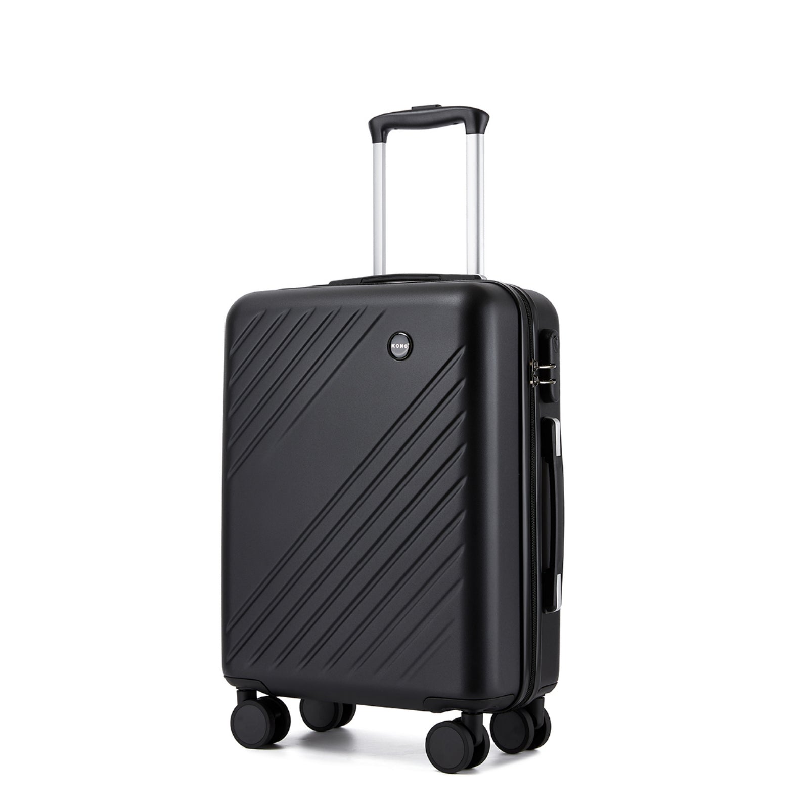Kono 20 Inch ABS+PC Hard Shell Carry On Luggage, Diagonal Stripe Lightweight Travel Suitcase with Silent Spinner Wheels & Organised Interior - Black